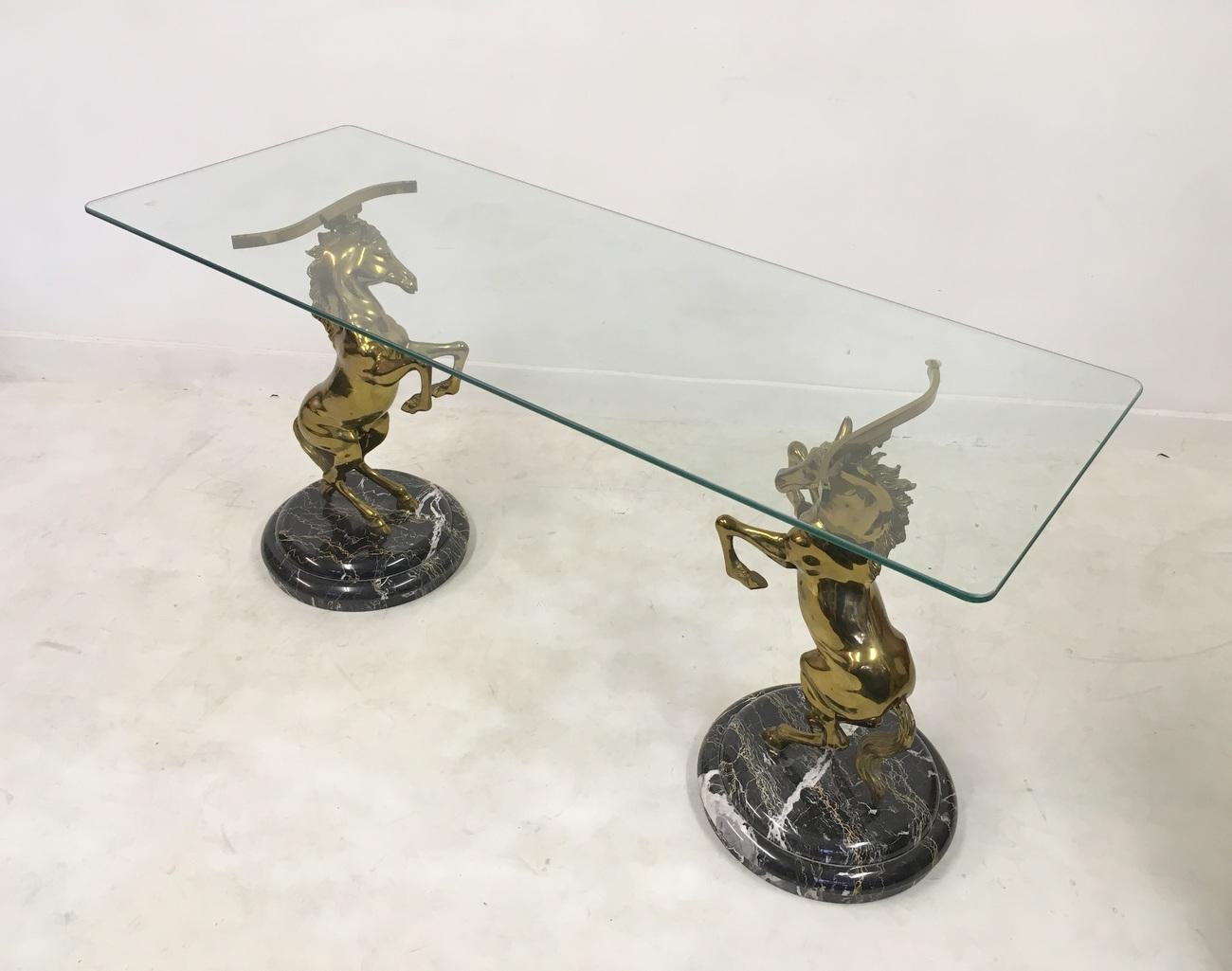 20th Century Vintage 1970s Italian Brass Horse and Marble Console Table For Sale