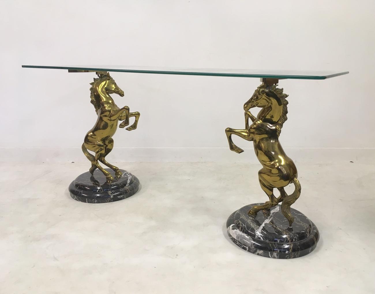 Vintage 1970s Italian Brass Horse and Marble Console Table For Sale 1