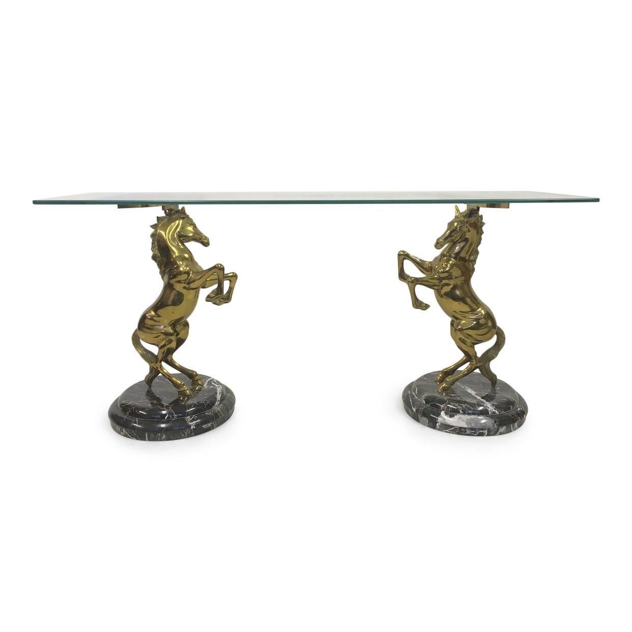 Vintage 1970s Italian Brass Horse and Marble Console Table For Sale 2