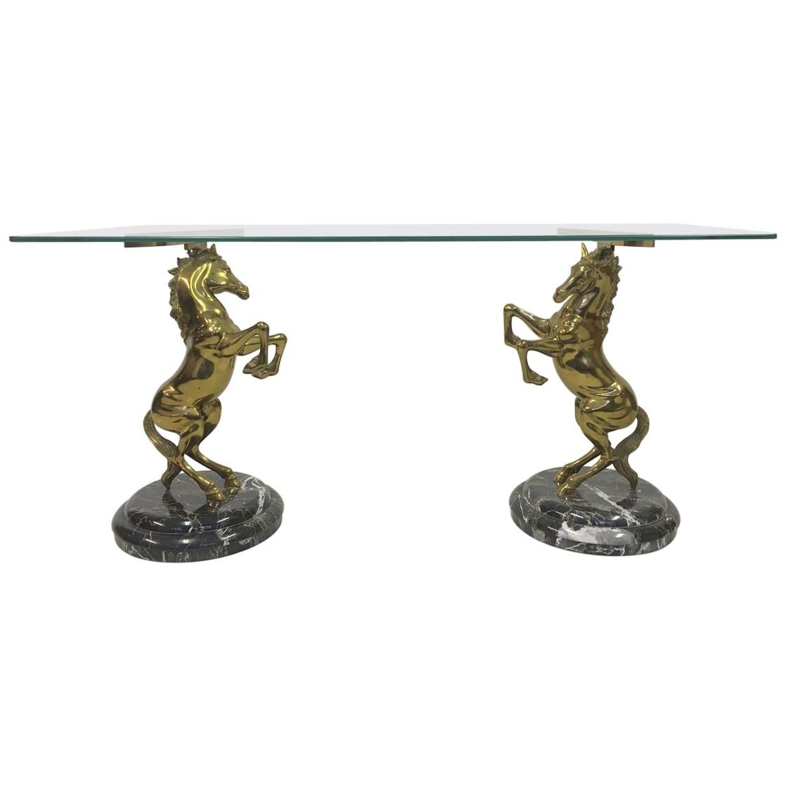 Vintage 1970s Italian Brass Horse and Marble Console Table For Sale