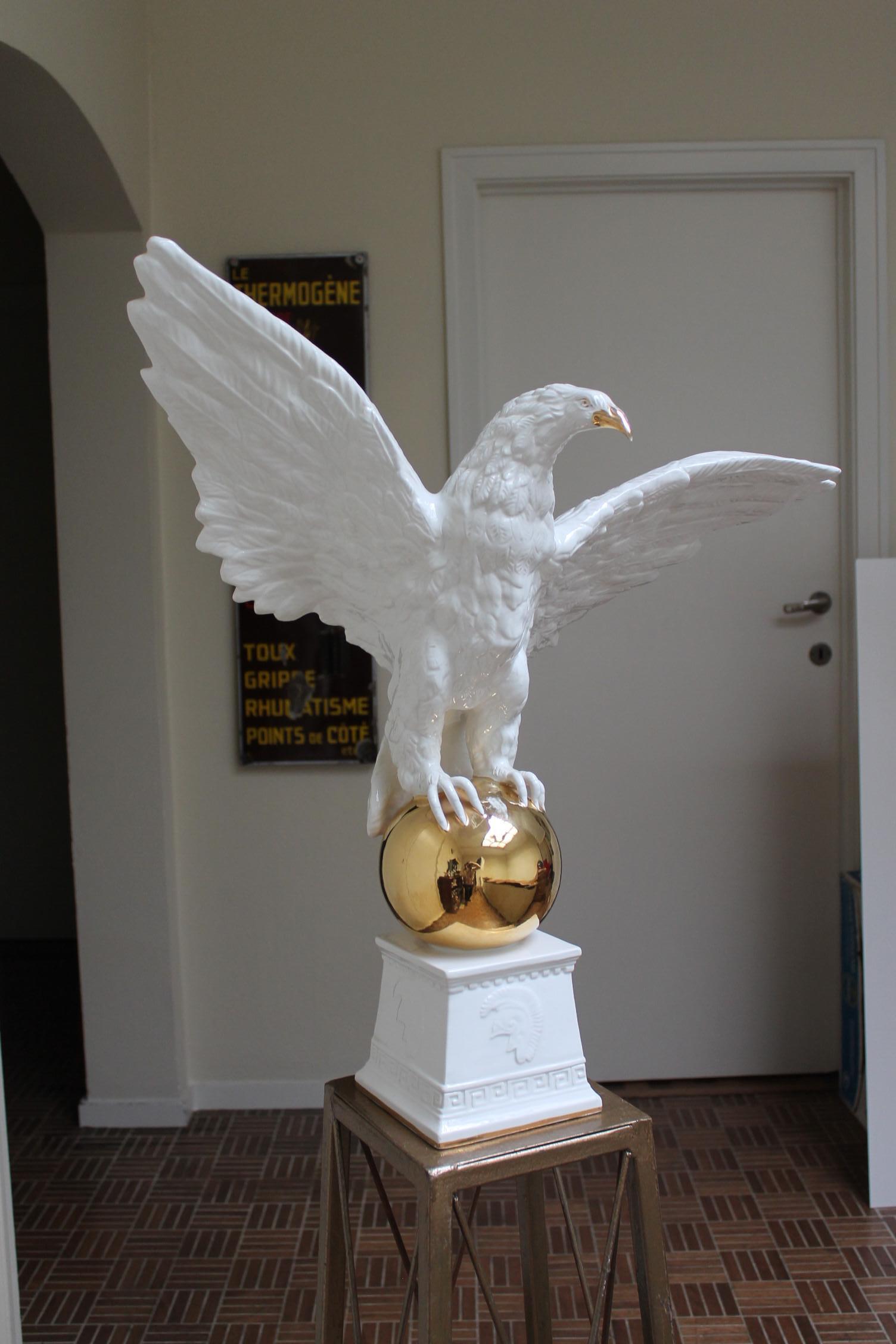 Italian White Ceramic Eagle Statue with Wings Spread, 1970s 9