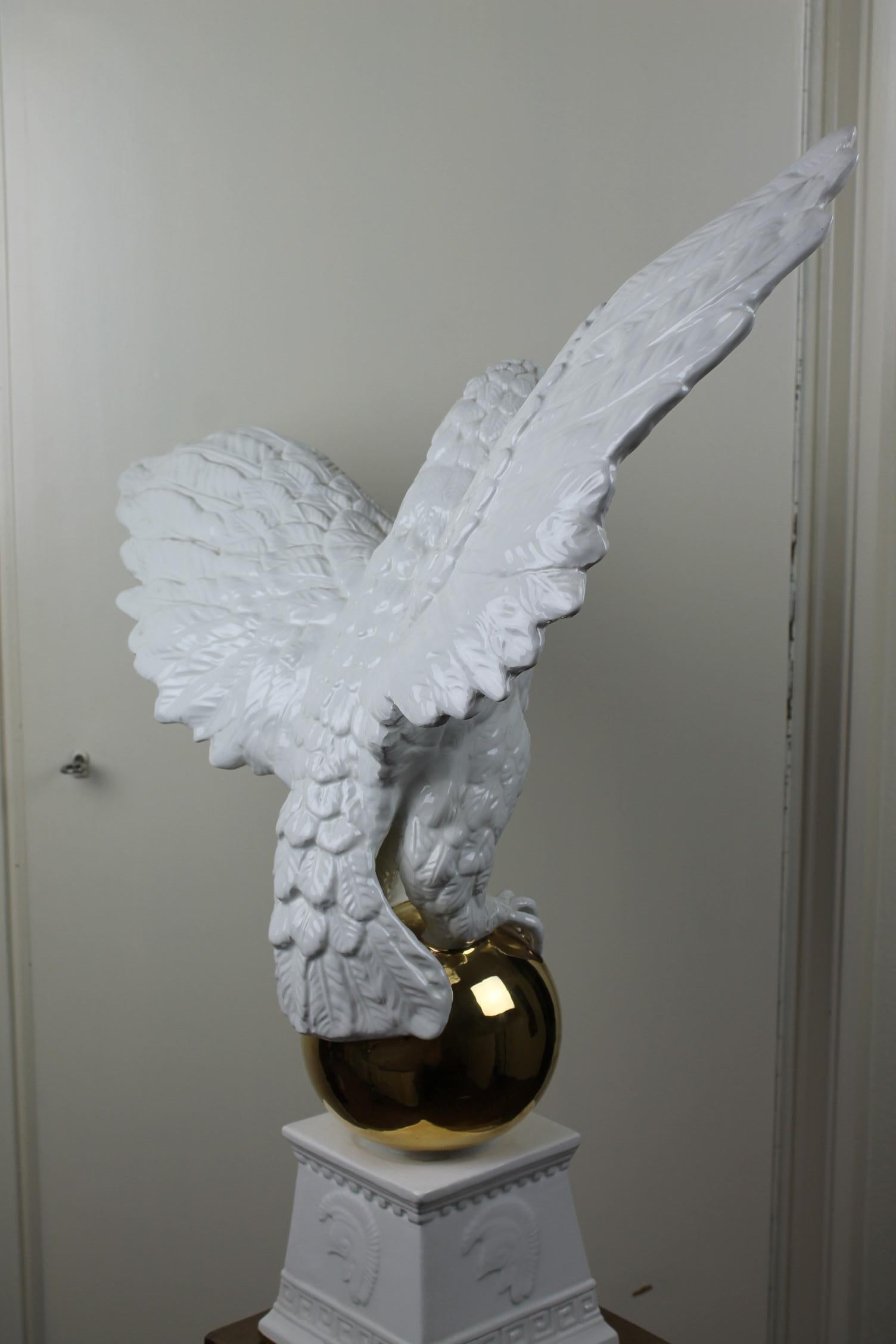 Hollywood Regency Italian White Ceramic Eagle Statue with Wings Spread, 1970s
