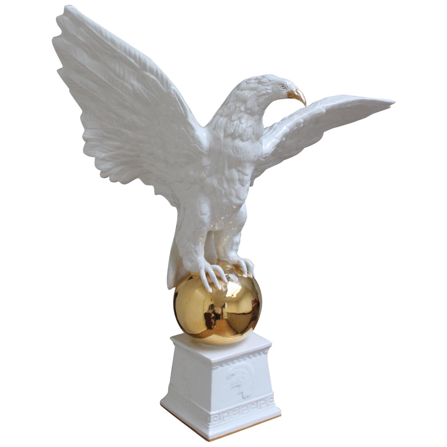 Italian White Ceramic Eagle Statue with Wings Spread, 1970s
