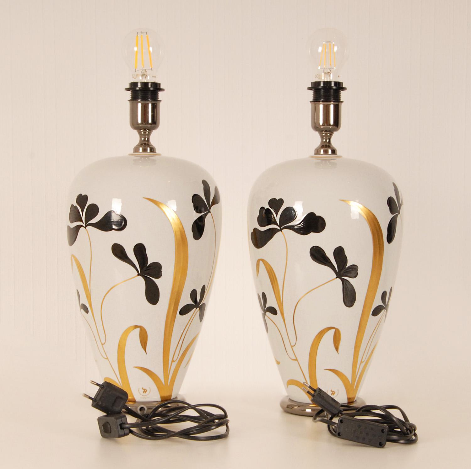 20th Century Vintage 1970s Italian Ceramic Vase Lamps Gold Black White Porcelain, a Pair For Sale