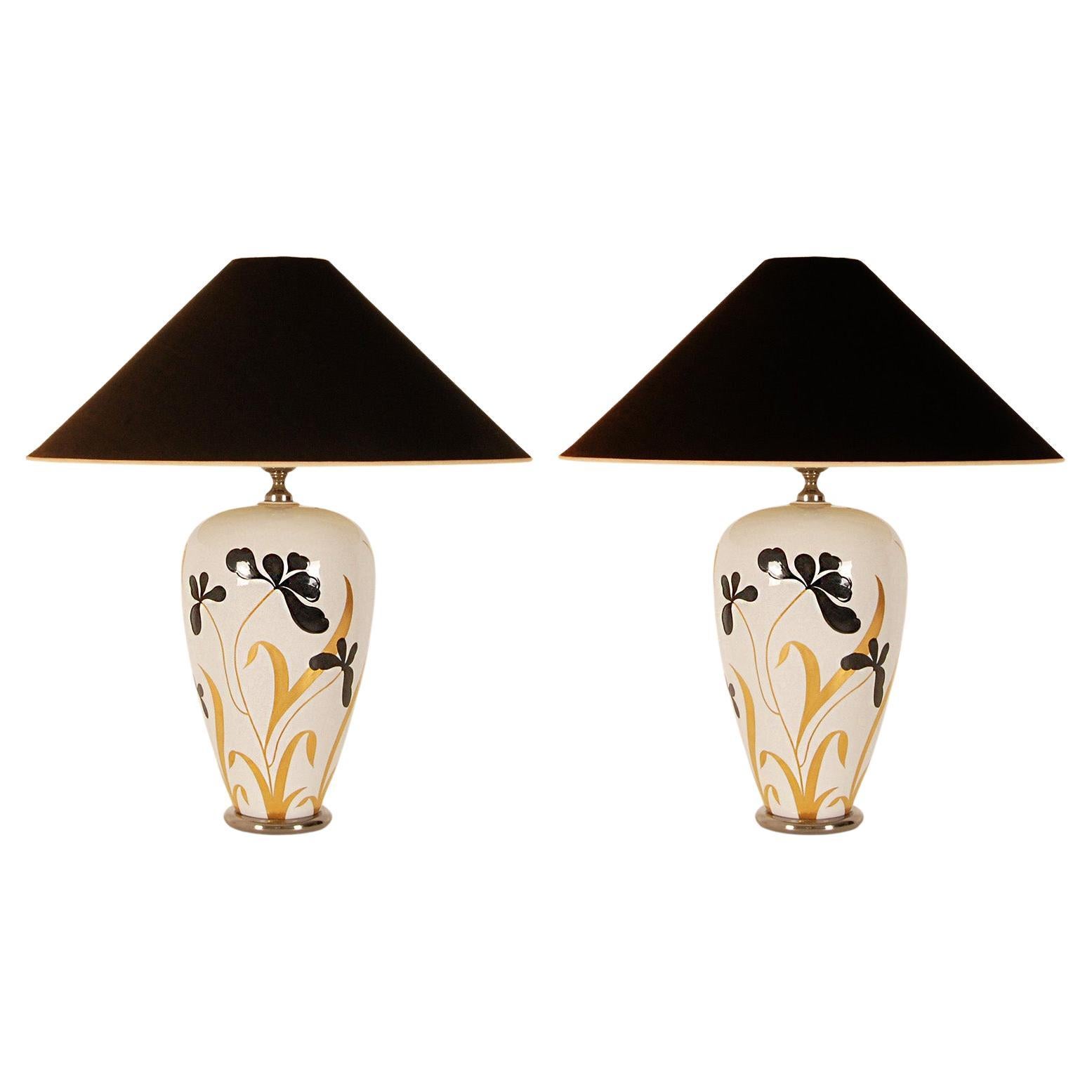 Vintage 1970s Italian Ceramic Vase Lamps Gold Black White Porcelain, a Pair For Sale