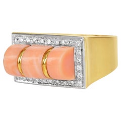 Vintage 1970s Italian Coral Diamond 18K Yellow Gold Ring