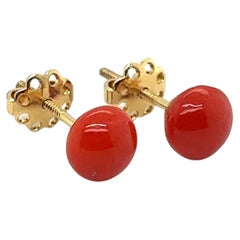 Vintage 1970's Italian Coral Earrings - 7.50mm Diameter - 18K Yellow Gold Screw