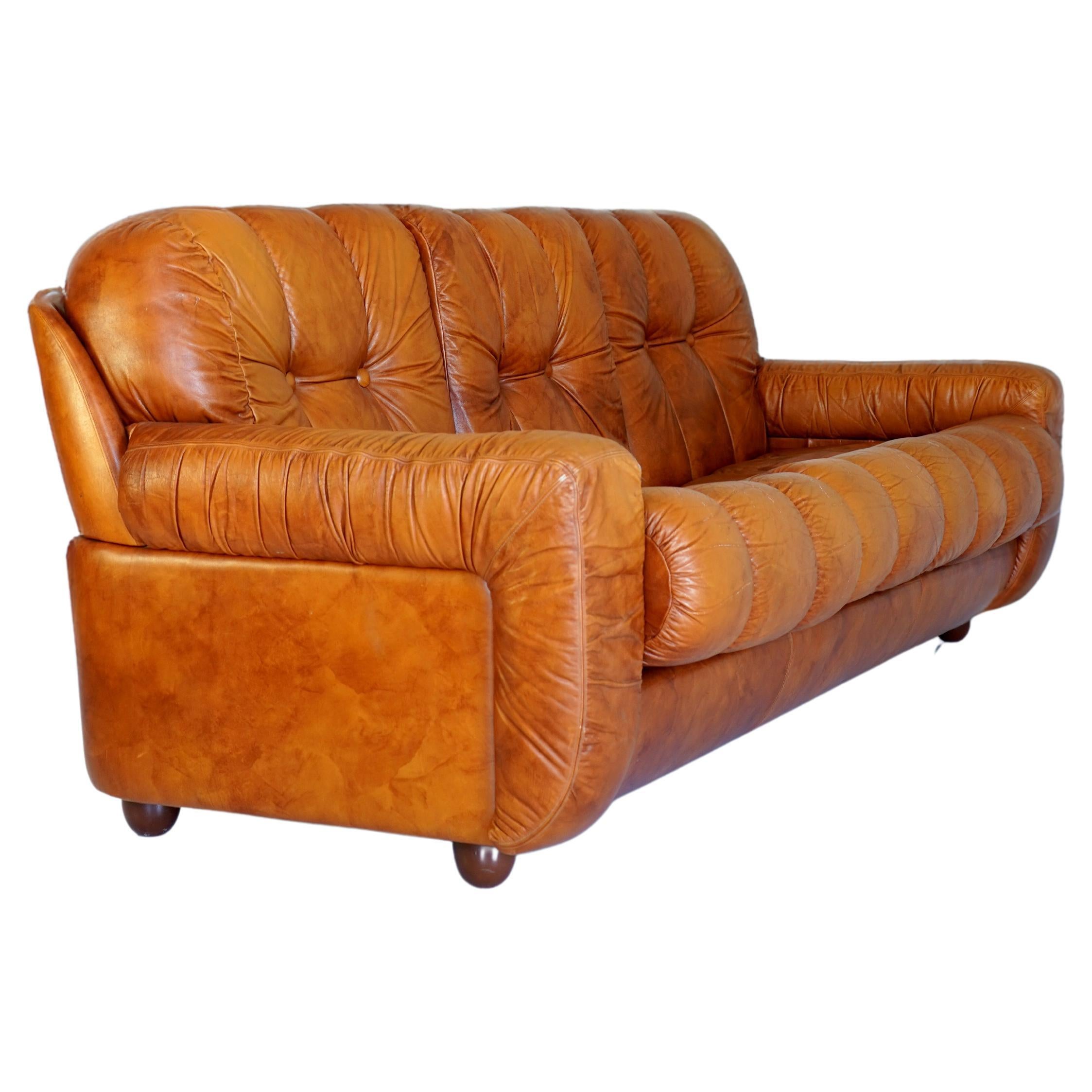 Vintage 1970s Italian Leather 3 - Seat Sofa For Sale