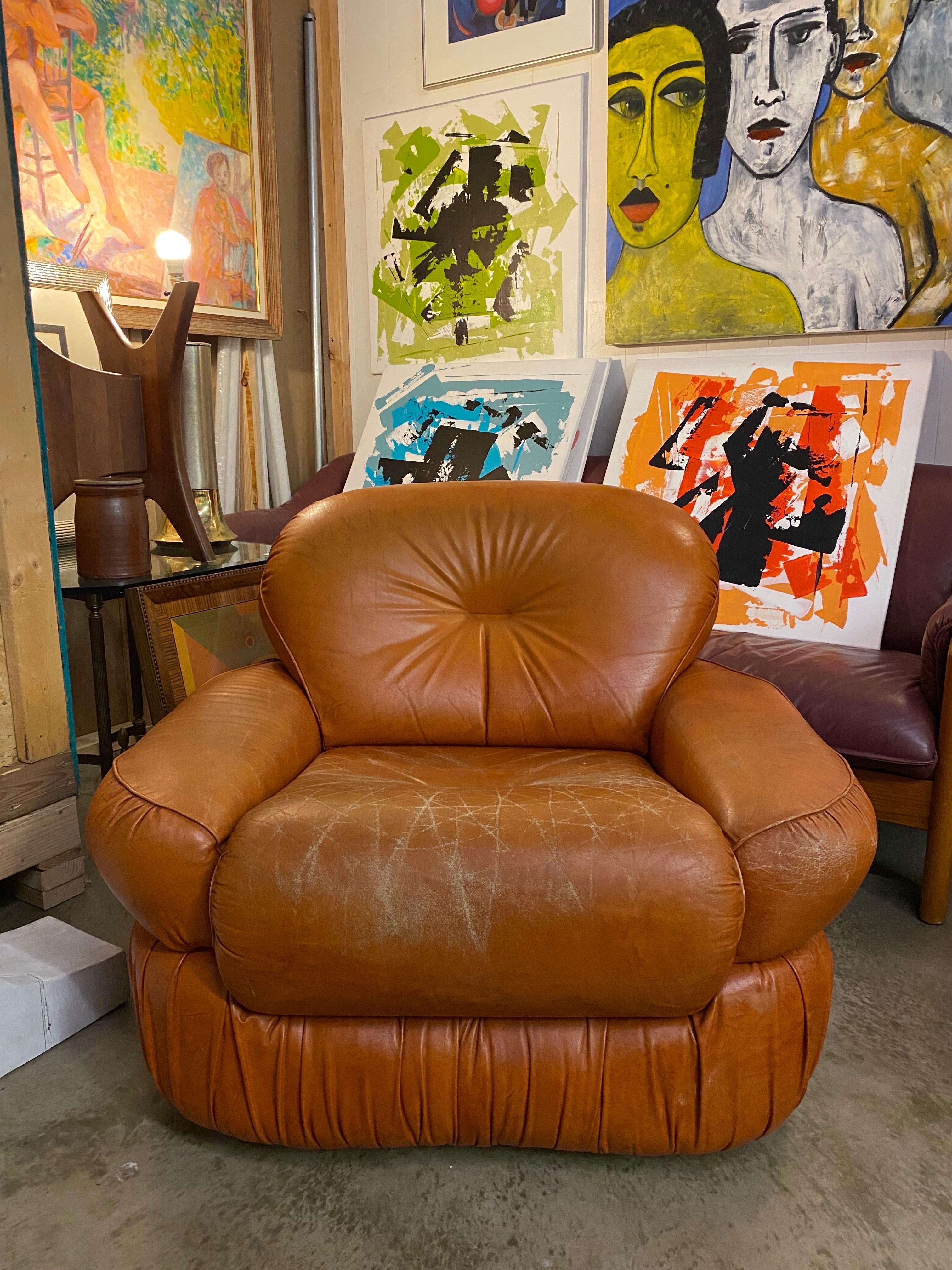 Vintage 1970s Italian Leather Chair In Good Condition In San Antonio, TX