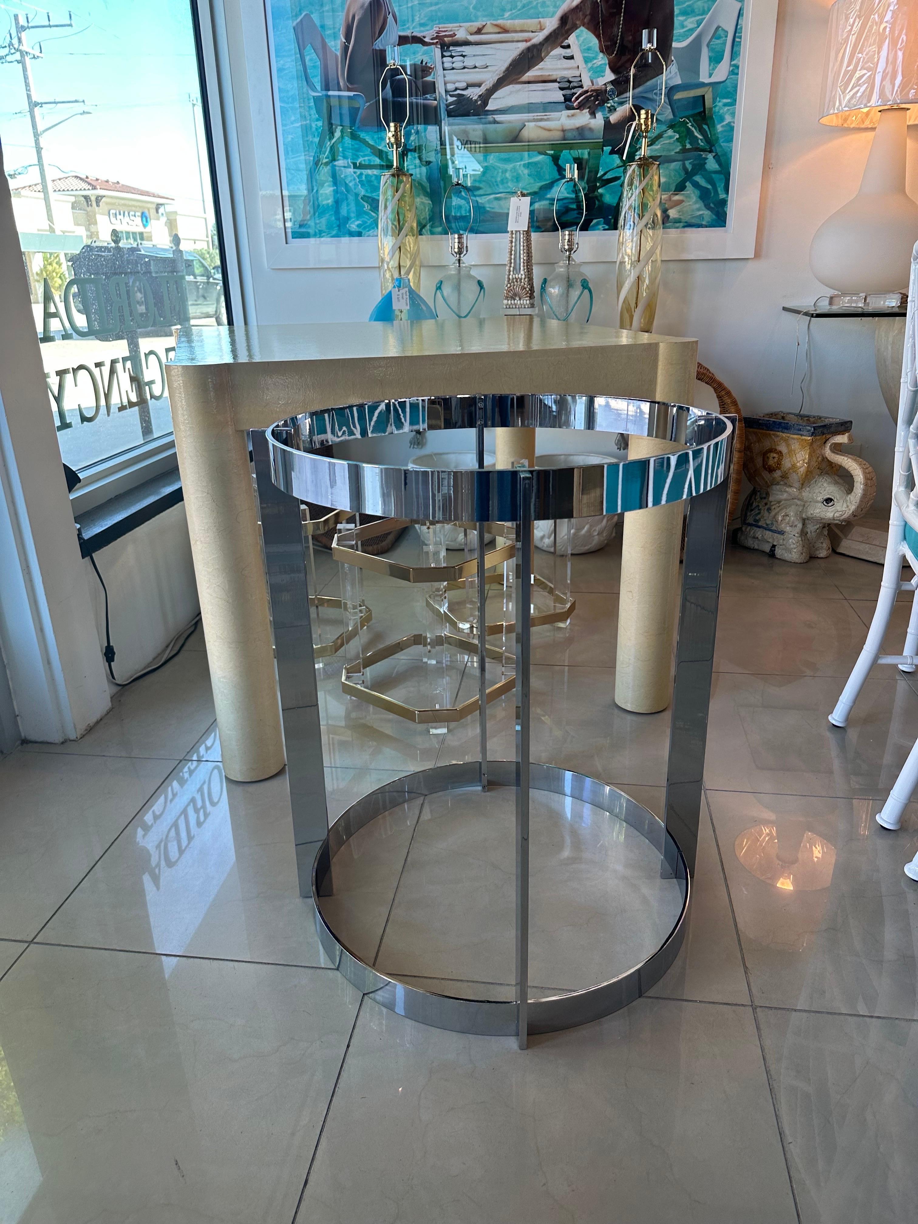 Vintage 1970s chrome Italian dining table, center table, entry table base. Dimensions: 28 H x 24 D.