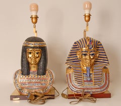 Italian Table Lamps Capodimonte Porcelain Vintage King Tut and Cleopatra a pair