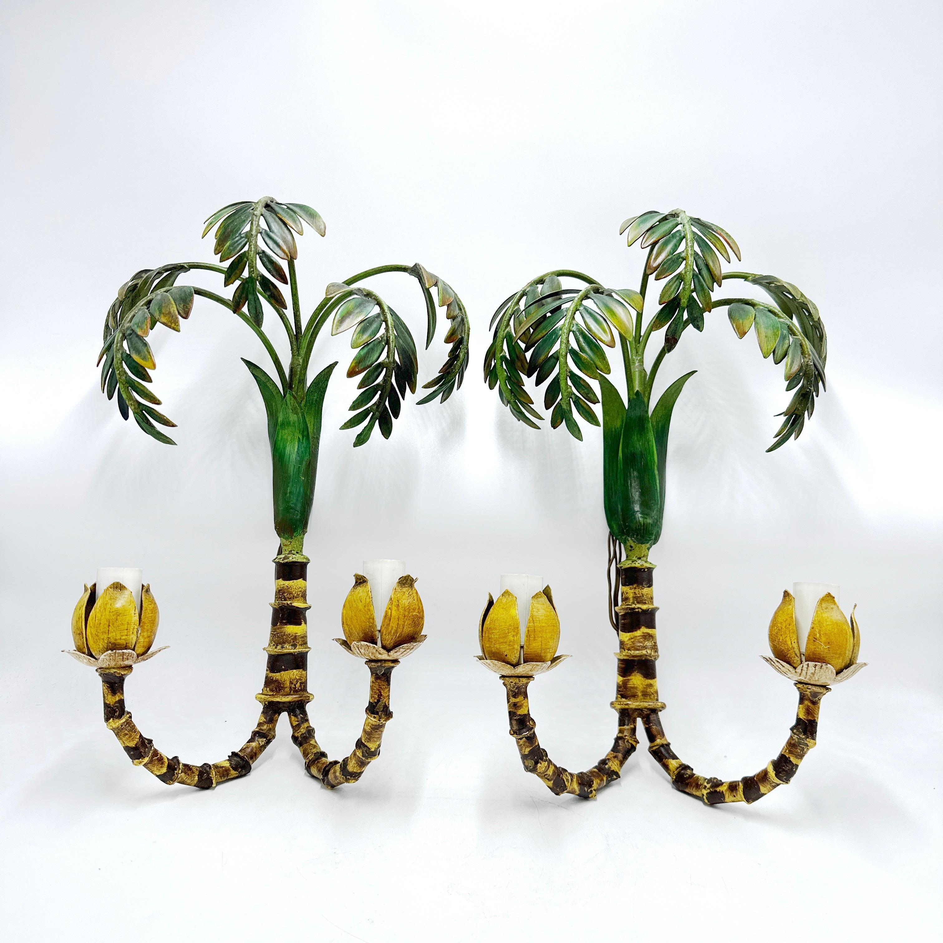Vintage 1970s Italienisch Tole Painted Palm Wall Light Pair 5