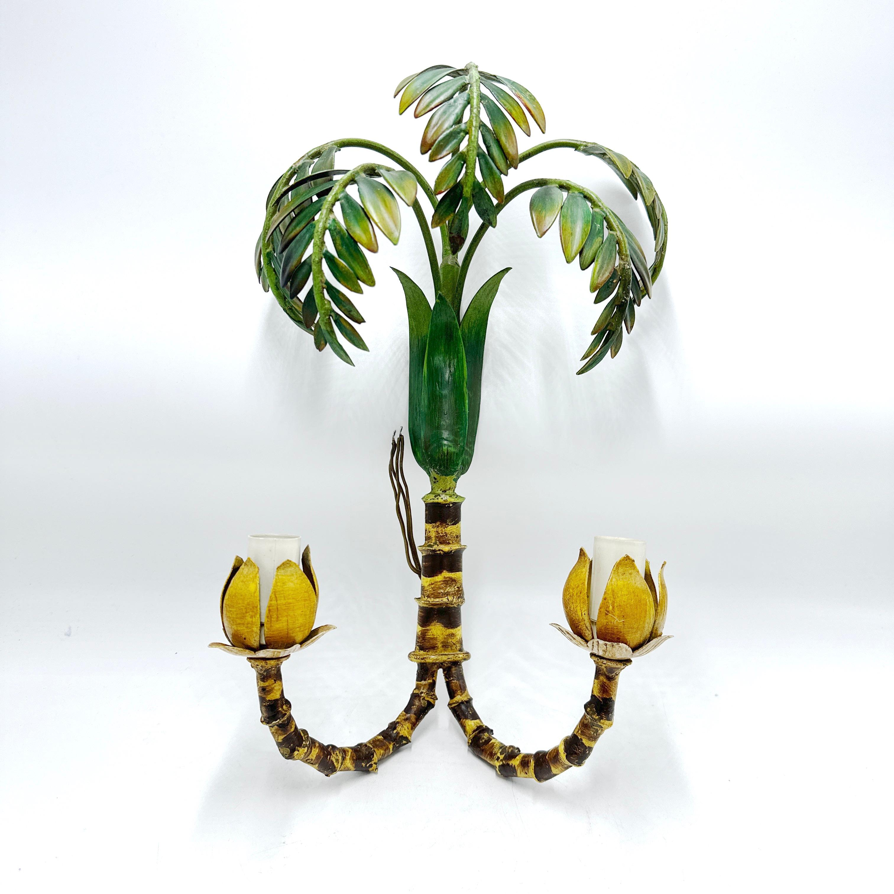Vintage 1970s Italienisch Tole Painted Palm Wall Light Pair 3