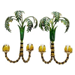 Vintage 1970s Italienisch Tole Painted Palm Wall Light Pair