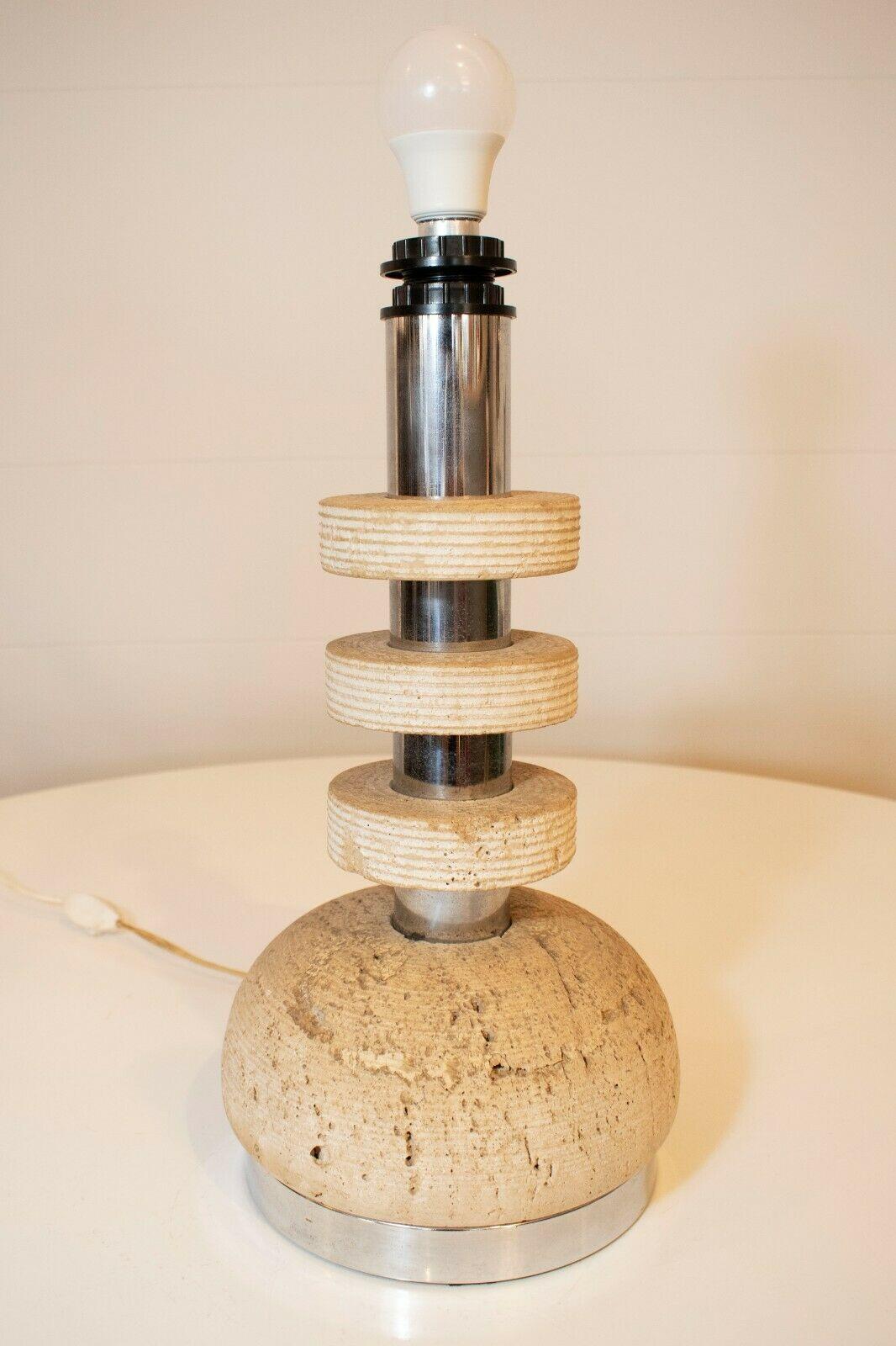 Vintage 1970's Italian travertine and chrome tiered lamp base.