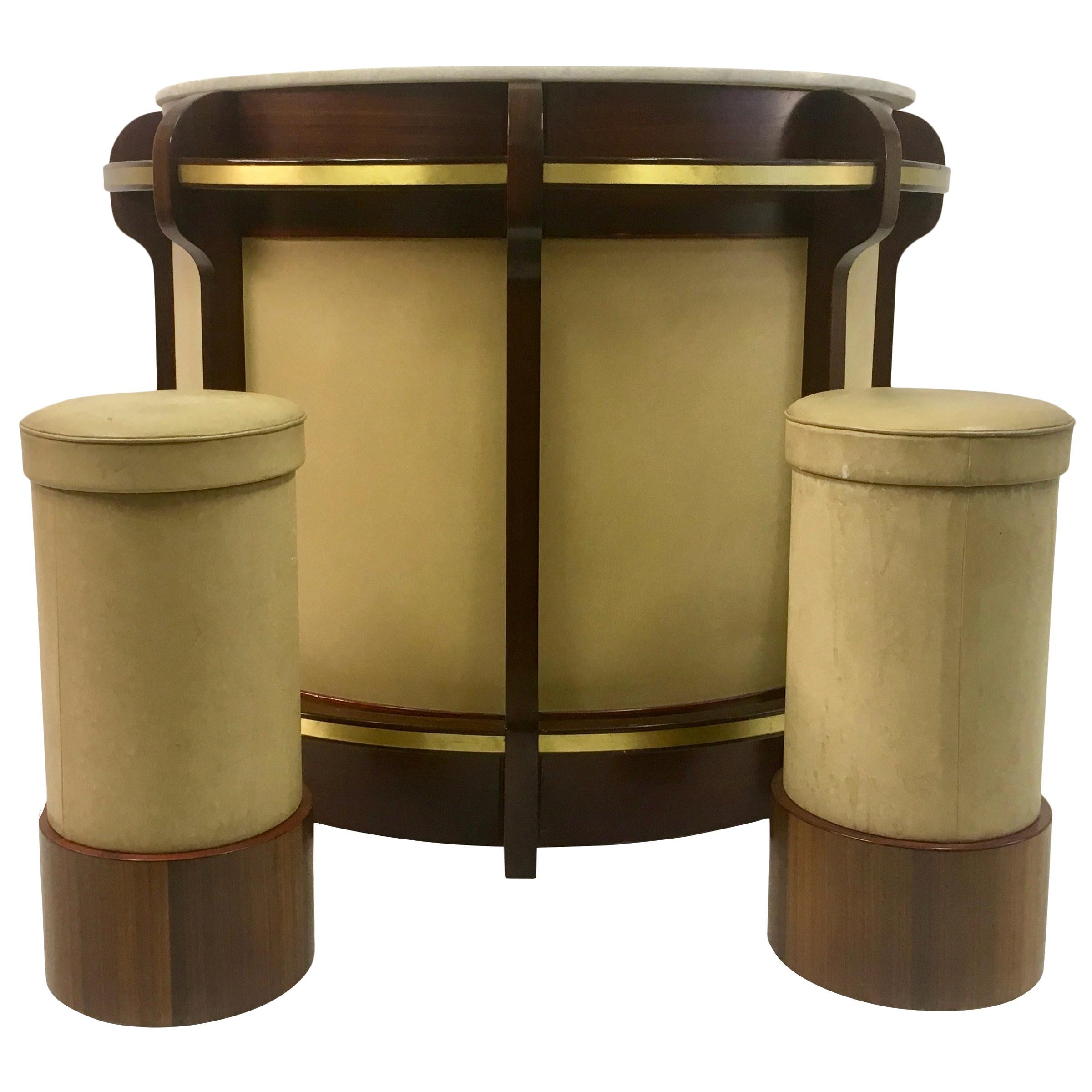 Vintage 1970s Italian Walnut and Brass Bar and Stools by Luciano Frigerio