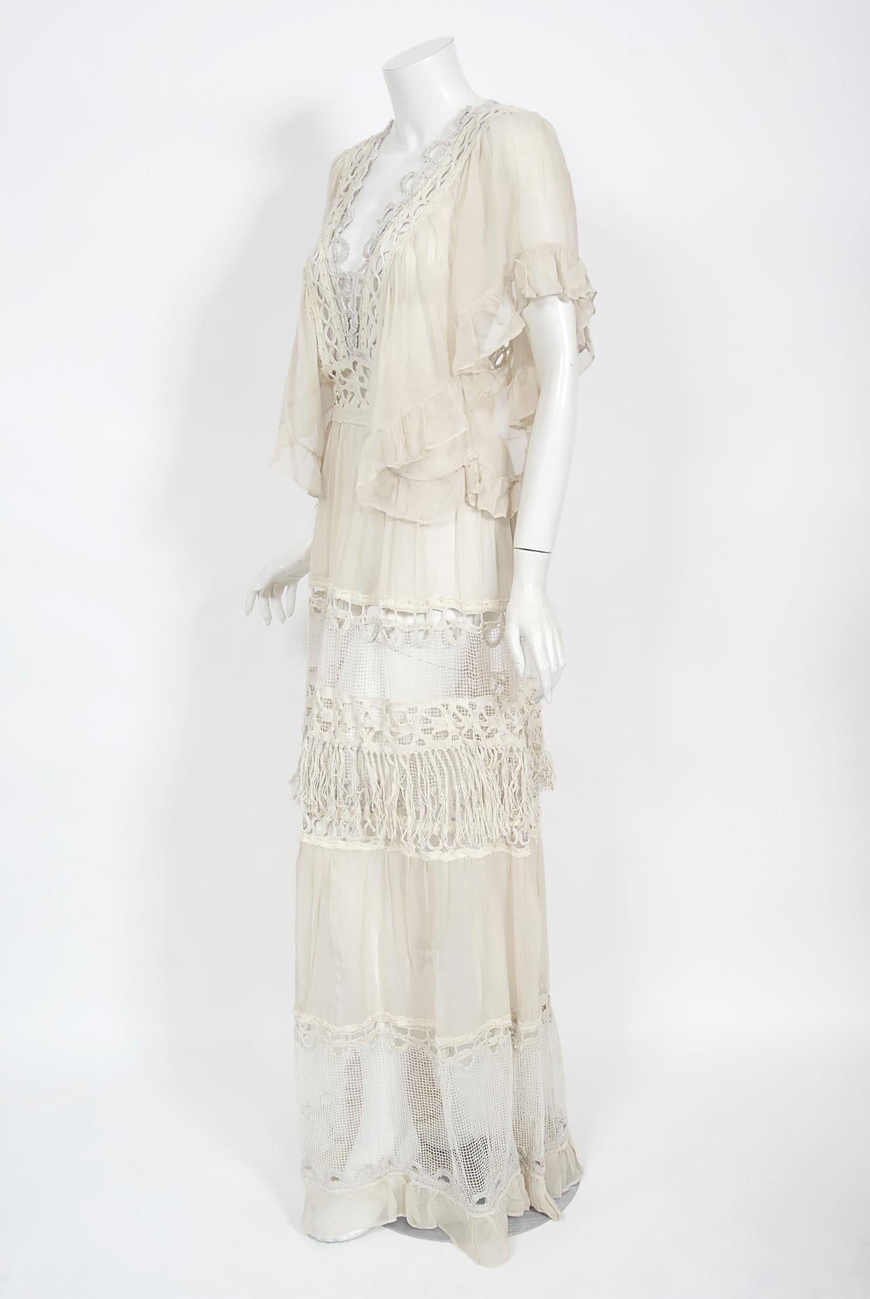 Vintage 1970's Ivory Mixed Lace Sheer Cotton Bohemian Flutter-Sleeve Dress Gown In Good Condition For Sale In Beverly Hills, CA