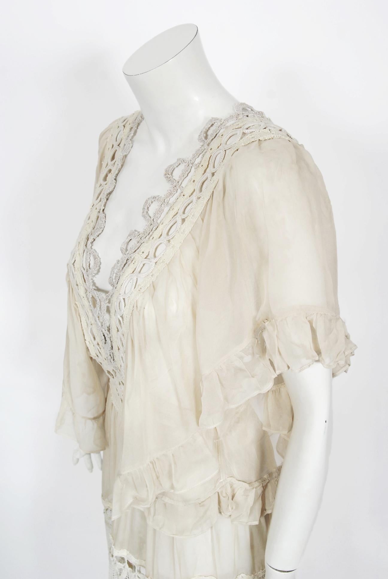 Women's Vintage 1970's Ivory Mixed Lace Sheer Cotton Bohemian Flutter-Sleeve Dress Gown For Sale