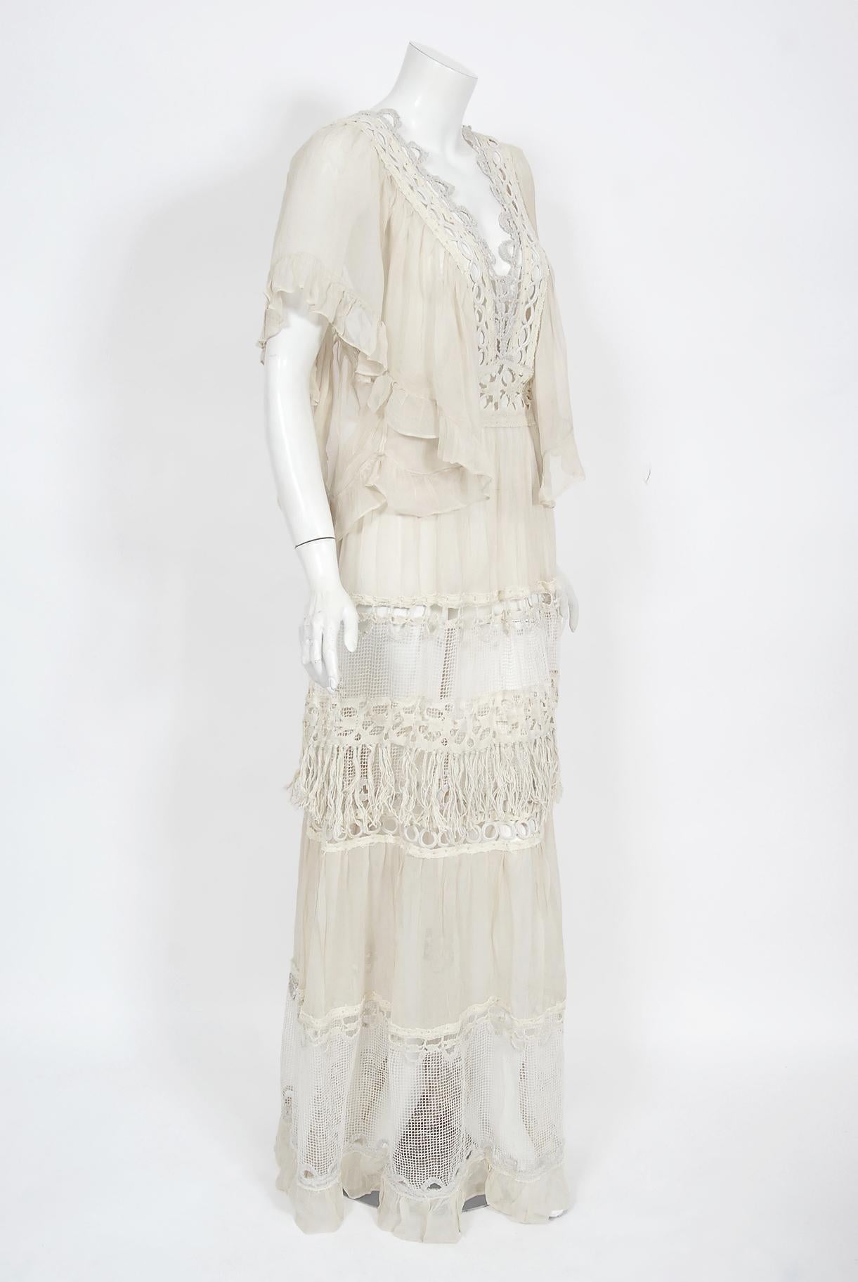 Vintage 1970's Ivory Mixed Lace Sheer Cotton Bohemian Flutter-Sleeve Dress Gown For Sale 4