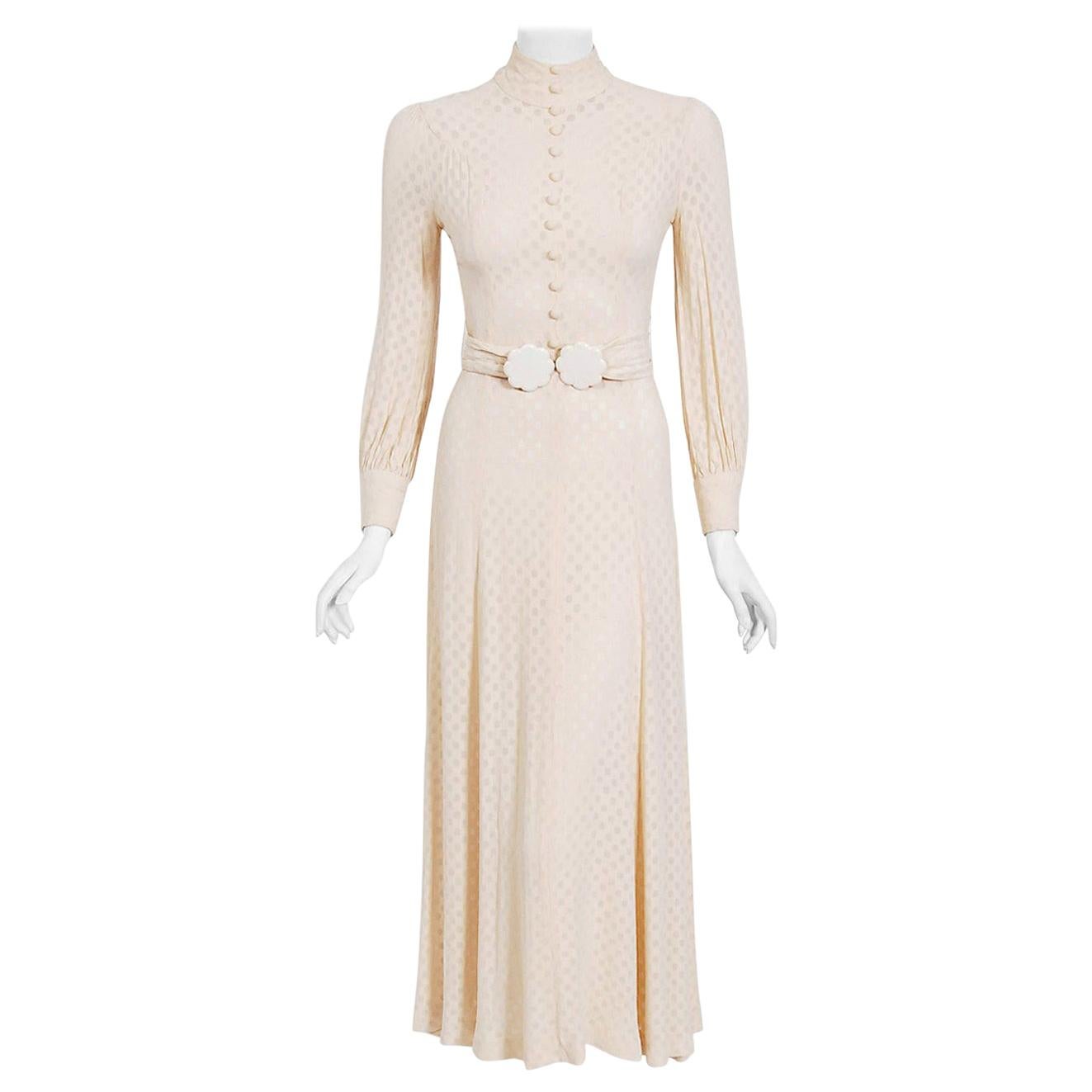 Vintage 1970's Ivory Semi-Sheer Dotted Crepe Long-Sleeve Belted Bridal Dress