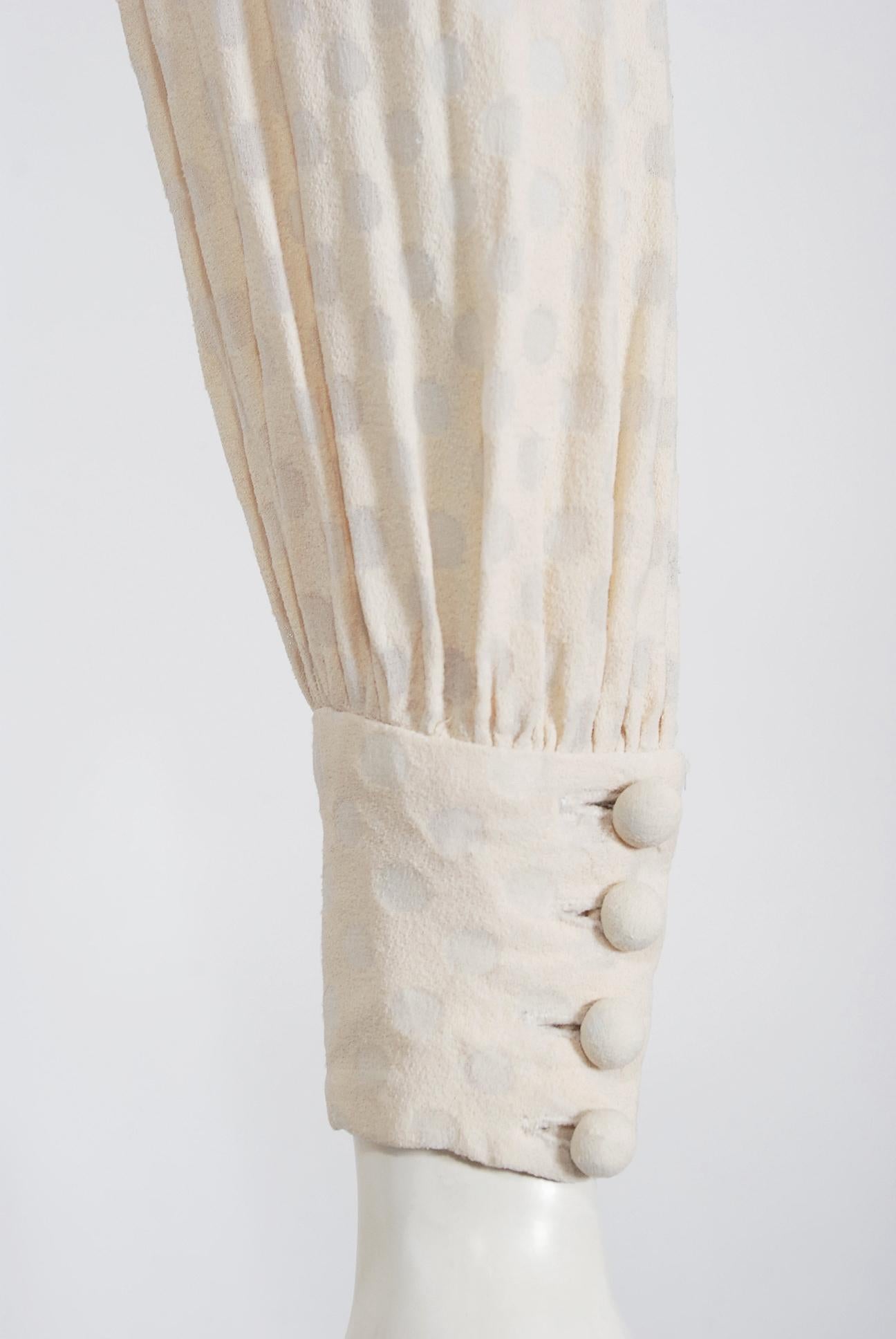 Beige Vintage 1970's Ivory Semi-Sheer Dotted Crepe Long-Sleeve Belted Bridal Dress