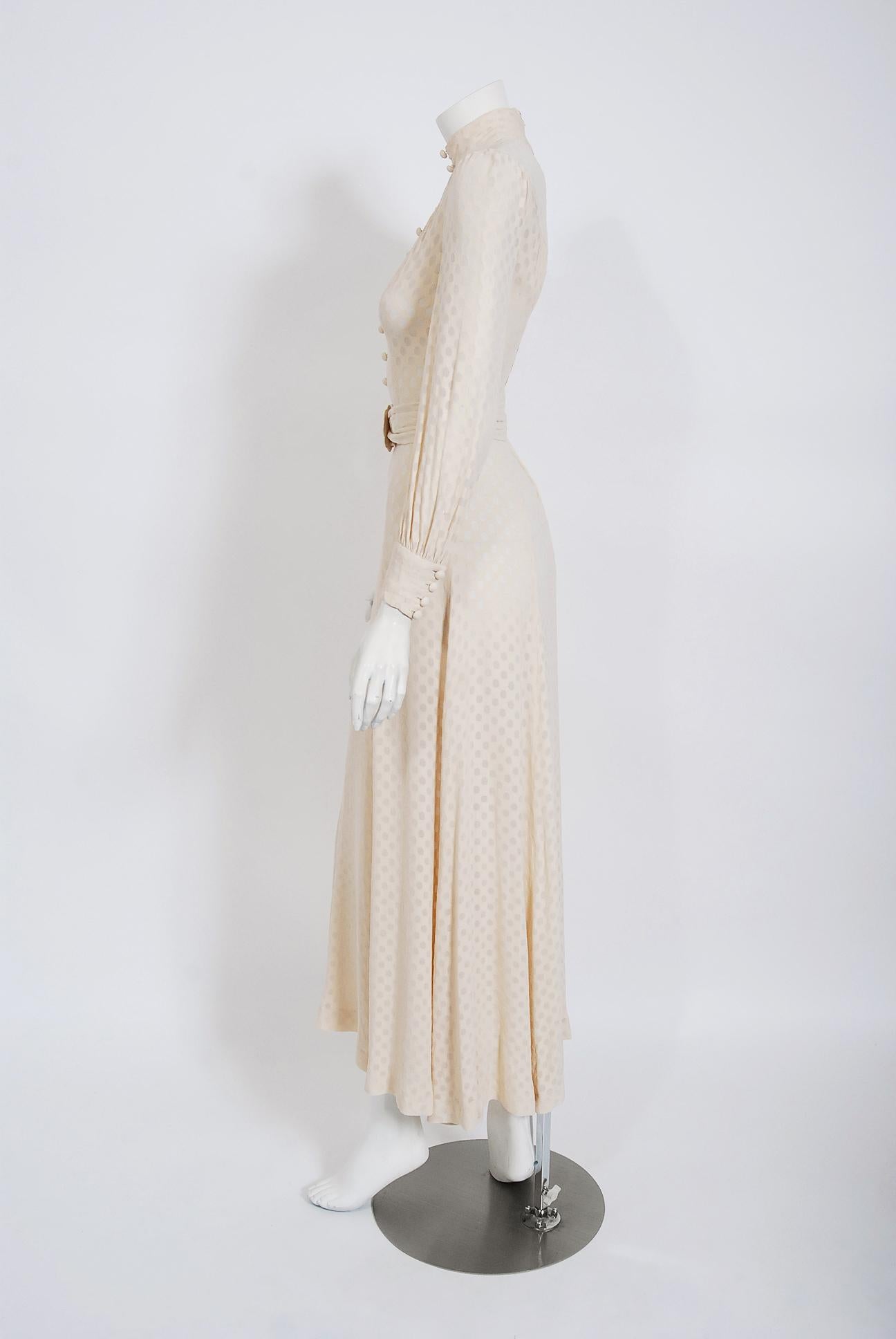 Women's Vintage 1970's Ivory Semi-Sheer Dotted Crepe Long-Sleeve Belted Bridal Dress