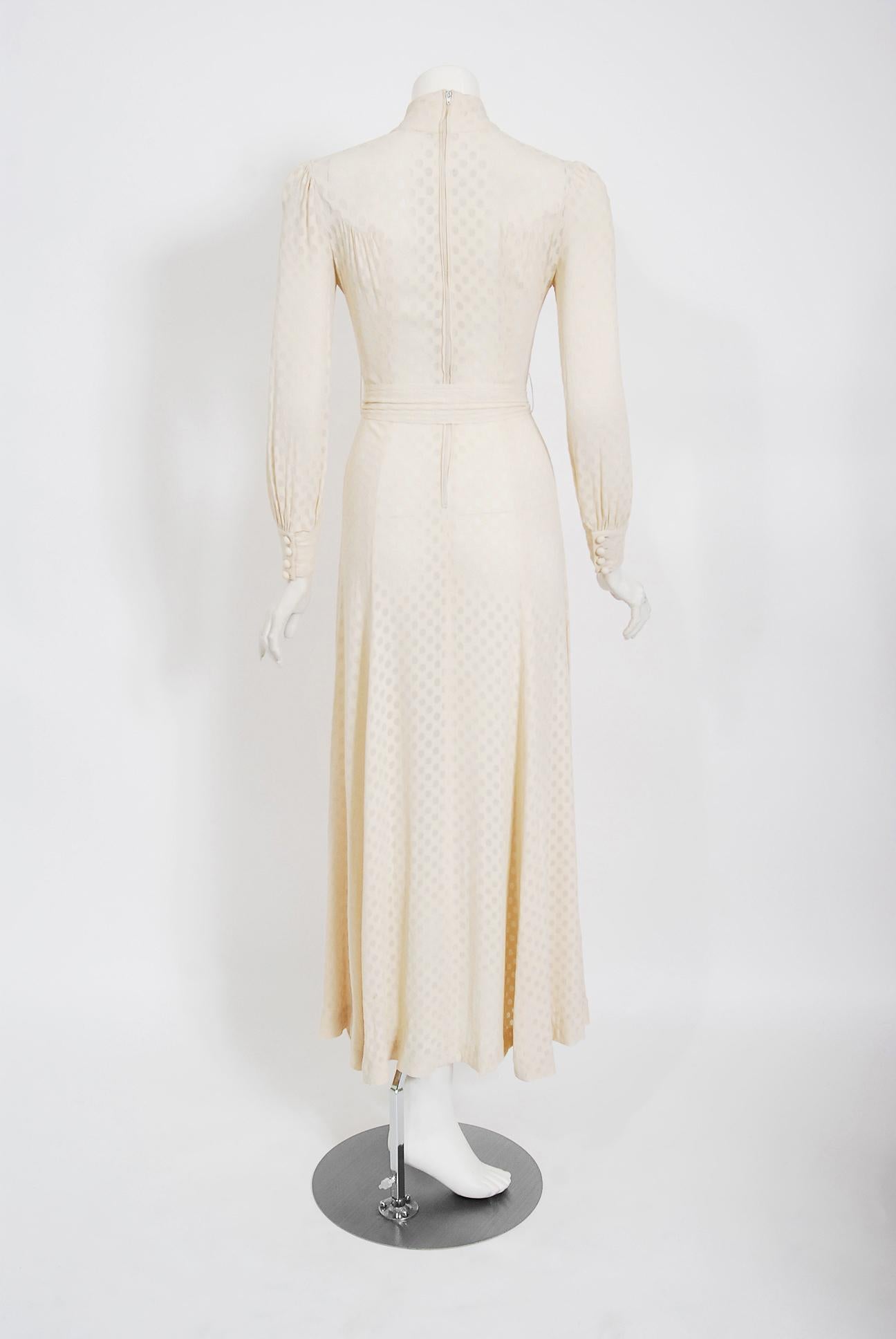 Vintage 1970's Ivory Semi-Sheer Dotted Crepe Long-Sleeve Belted Bridal Dress 2