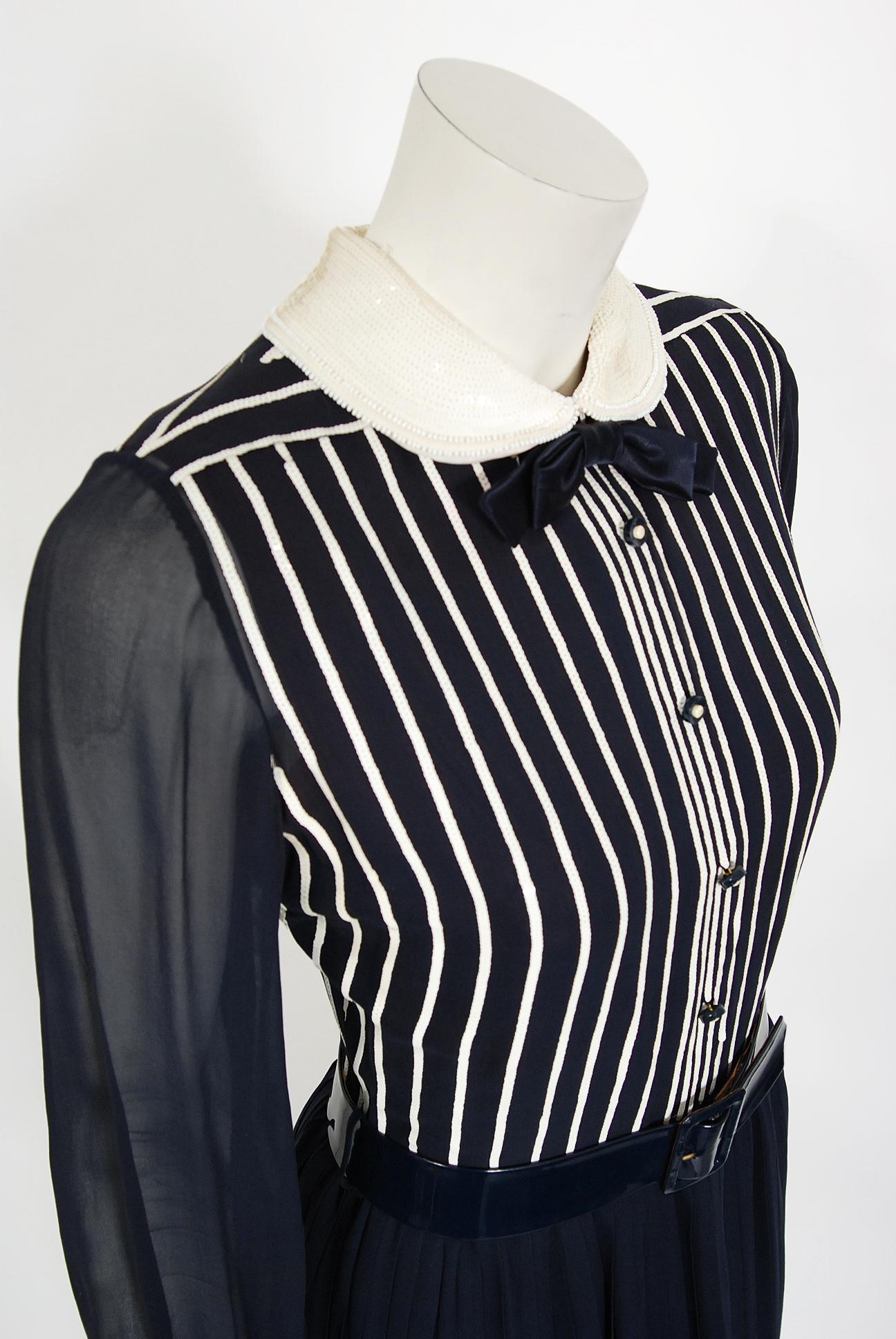 Black Vintage 1970's Jacques Reval Paris Navy Chiffon Sequin-Stripe Pleated Maxi Dress For Sale