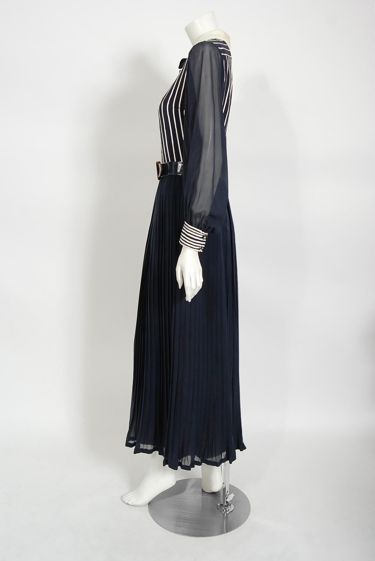 Women's Vintage 1970's Jacques Reval Paris Navy Chiffon Sequin-Stripe Pleated Maxi Dress For Sale