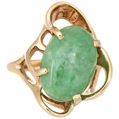 Vintage 1970s Jade Ring 14 Karat Yellow Gold Abstract Design Estate Fine Jewelry