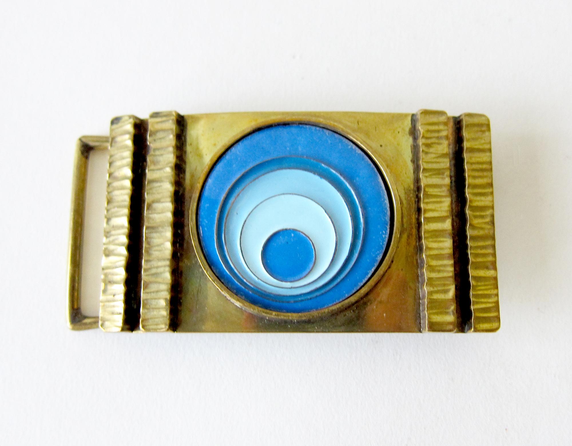 1970's bronze belt buckle with psychedelic modern enamel design, created by James Frappe of Pittsburgh, Pennsylvania.  Buckle measures 1 7/8