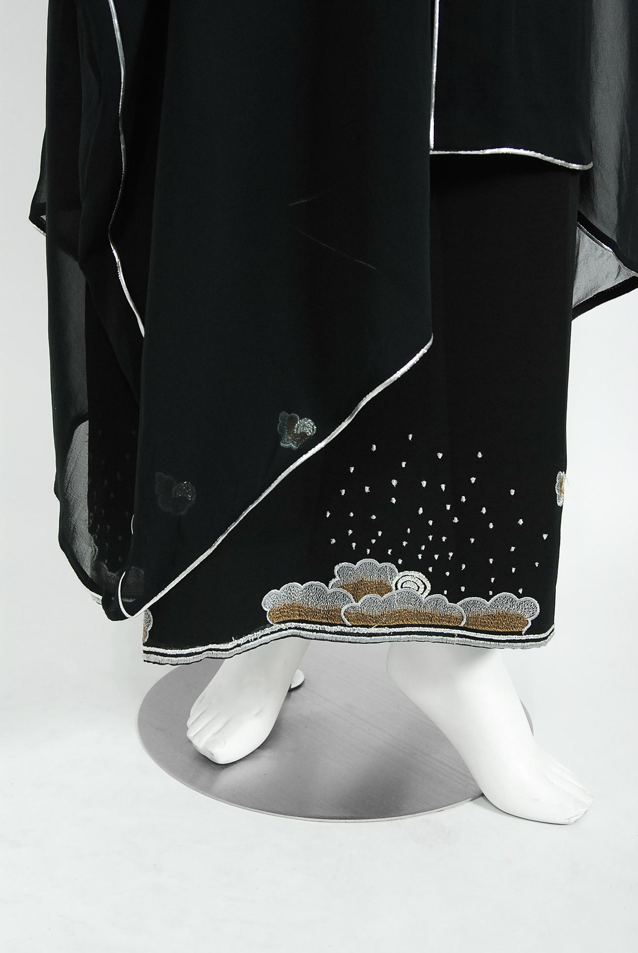 Vintage 1970's Janice Wainwright Black Novelty Sun Rain Embroidery Caftan Dress 3