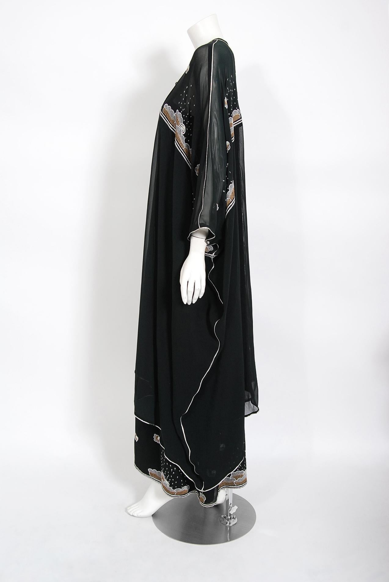 Women's Vintage 1970's Janice Wainwright Black Novelty Sun Rain Embroidery Caftan Dress