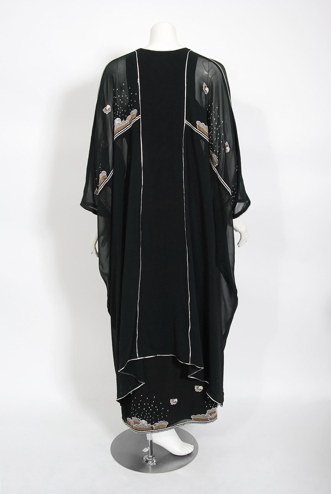 Vintage 1970's Janice Wainwright Black Novelty Sun Rain Embroidery Caftan Dress 1