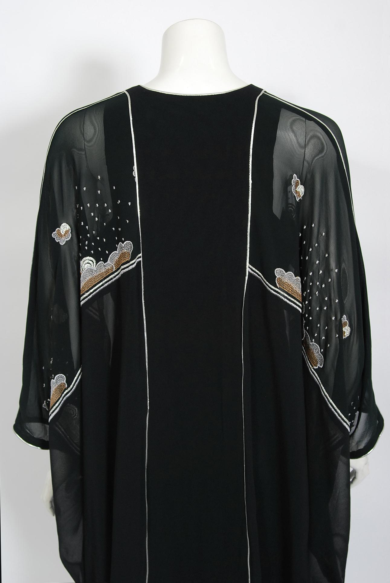 Vintage 1970's Janice Wainwright Black Novelty Sun Rain Embroidery Caftan Dress 2