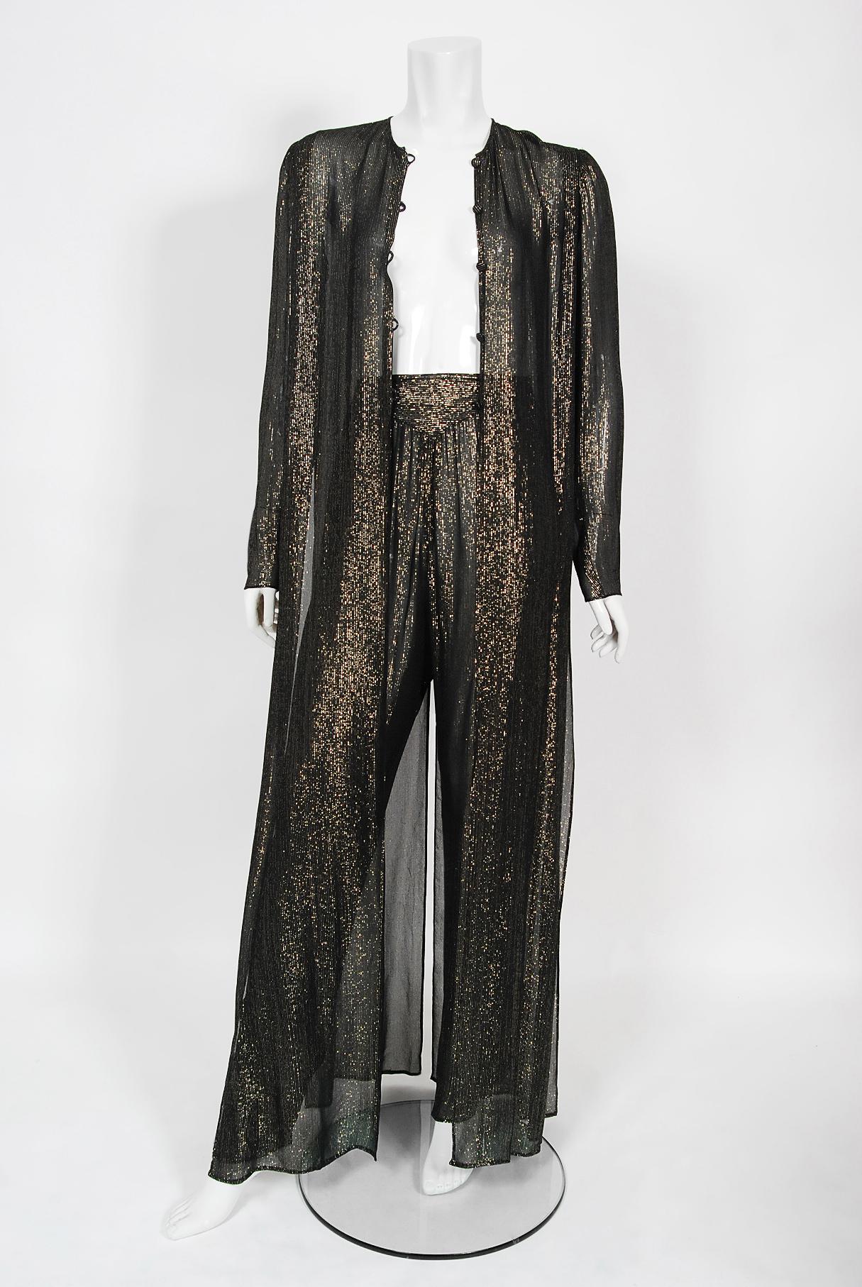 Black Vintage 1970's Jean Patou Sheer Metallic Lurex Silk Full-Length Jacket Pantsuit 