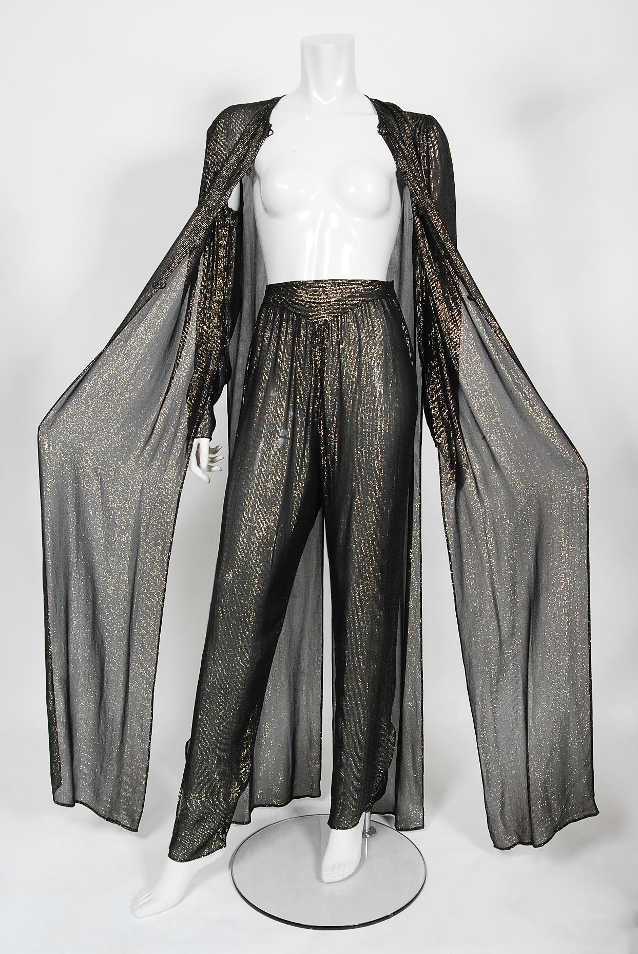 Vintage 1970's Jean Patou Sheer Metallic Lurex Silk Full-Length Jacket Pantsuit  In Good Condition In Beverly Hills, CA