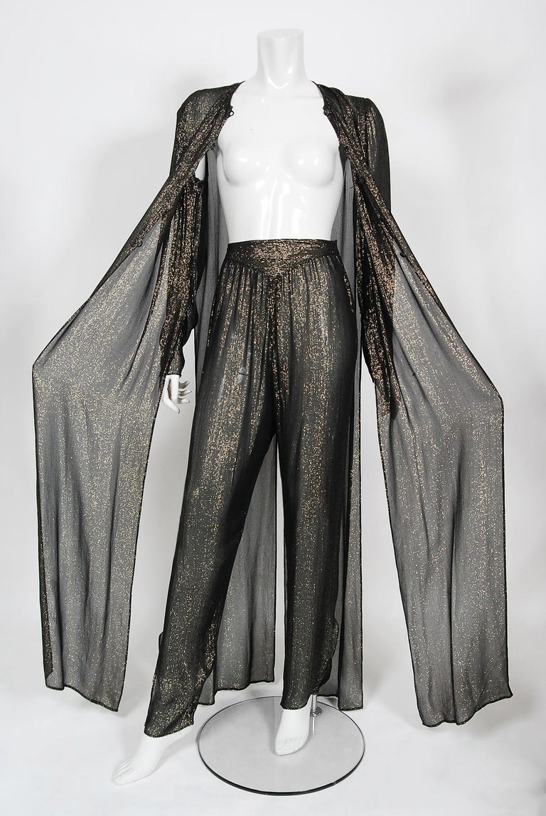 Vintage 1970's Jean Patou Sheer Metallic Lurex Silk Full-Length Jacket Pantsuit  In Good Condition For Sale In Beverly Hills, CA