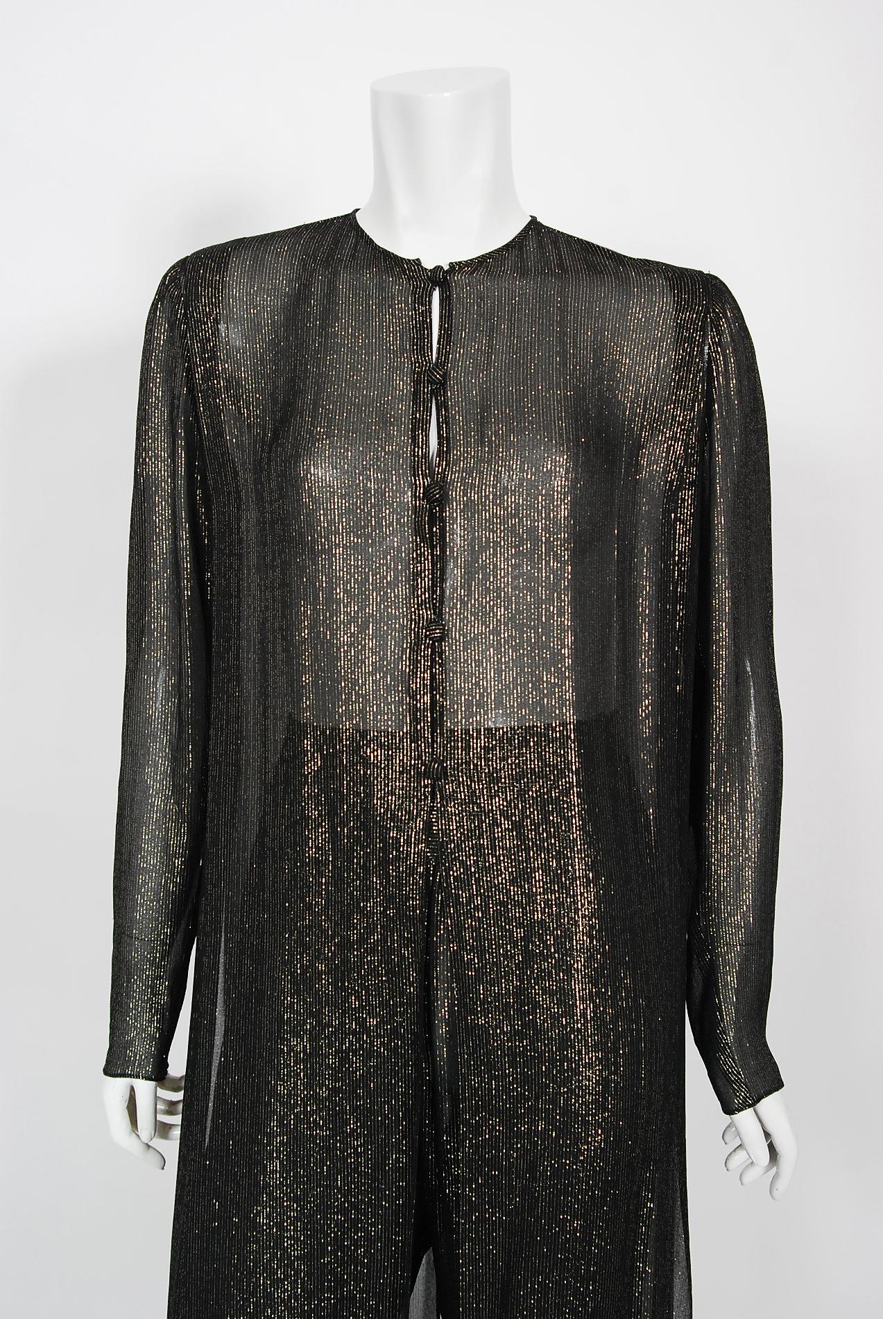 Women's Vintage 1970's Jean Patou Sheer Metallic Lurex Silk Full-Length Jacket Pantsuit 