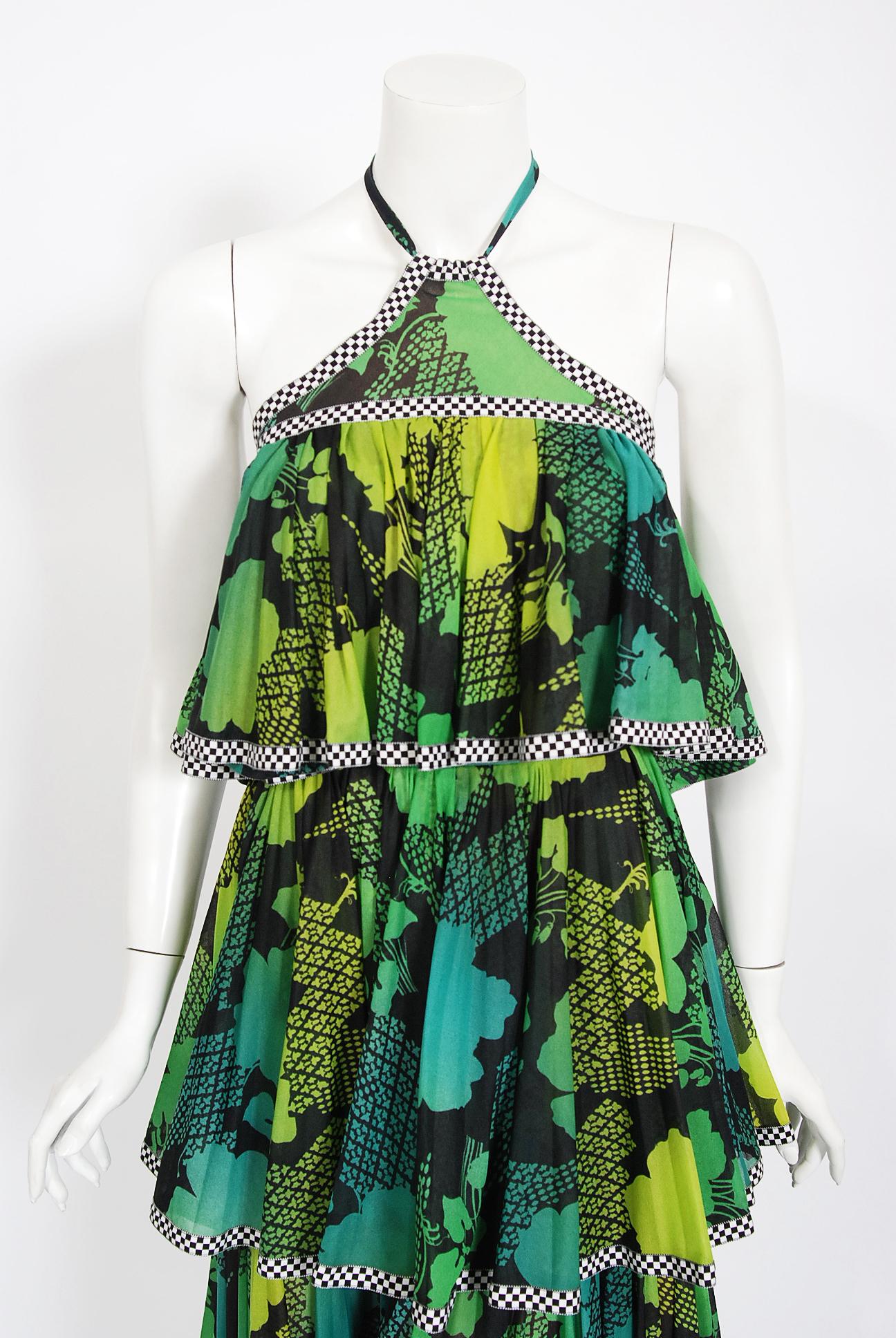 Gorgeous graphic green print dress, dating back to the early 1970's, by the famous Jean Varon label. John Bates started the Jean Varon label in 1960 and is possibly one of the greatest forgotten talents of the 1960's and 1970's. With no formal