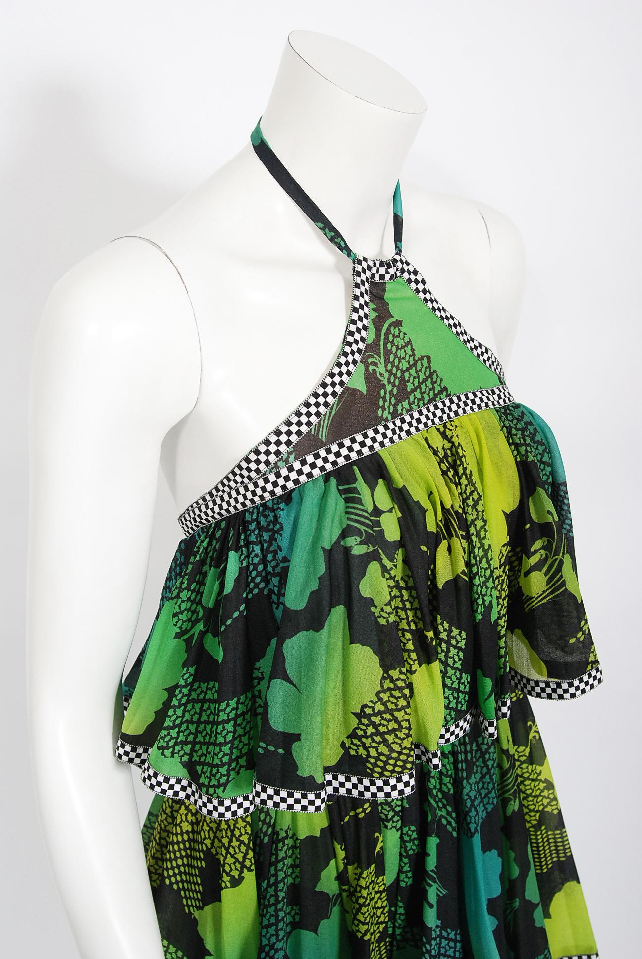 Black Vintage 1970's Jean Varon Green Graphic Floral Print Pleated Tiered Halter Dress For Sale
