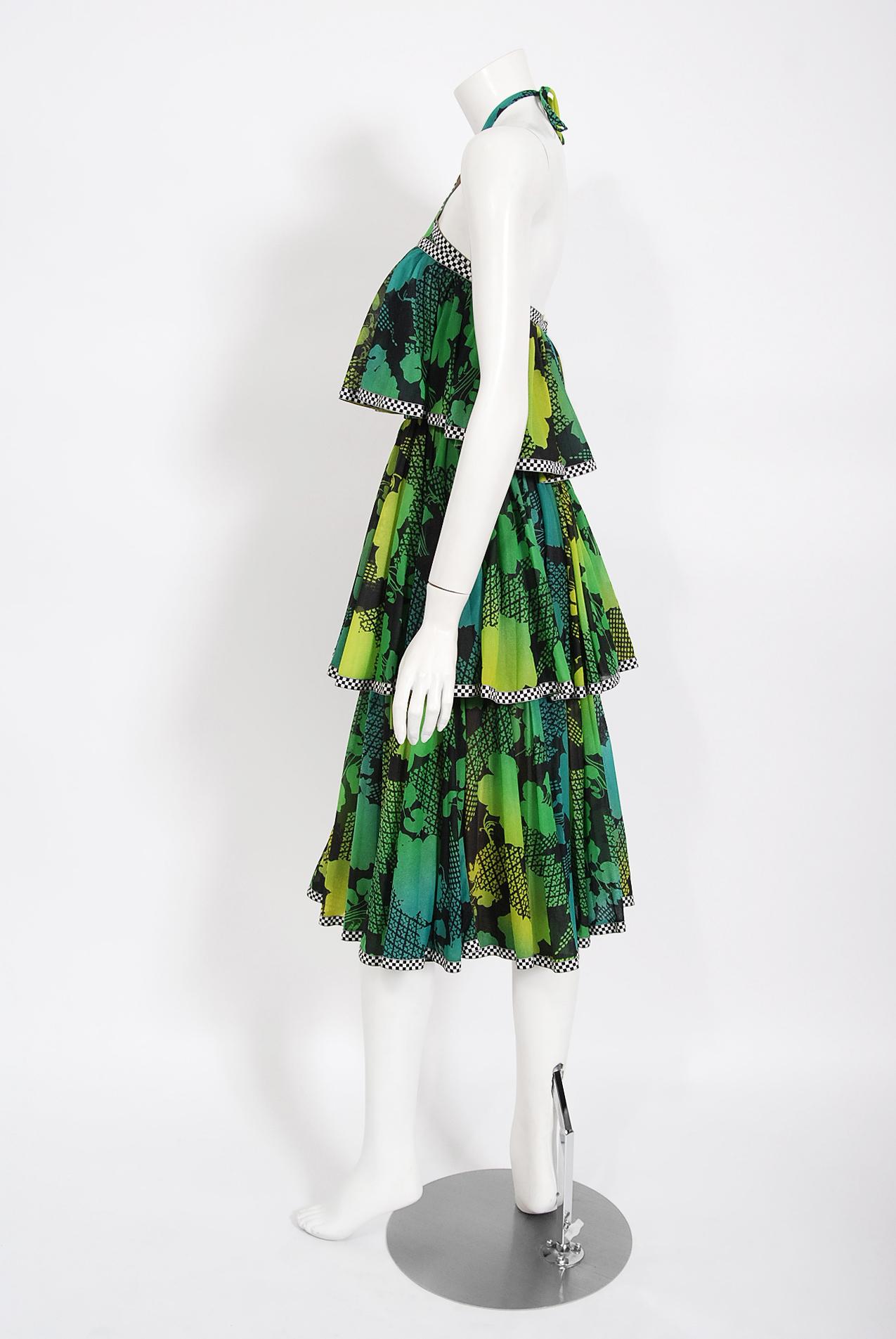 Black Vintage 1970's Jean Varon Green Graphic Floral Print Pleated Tiered Halter Dress