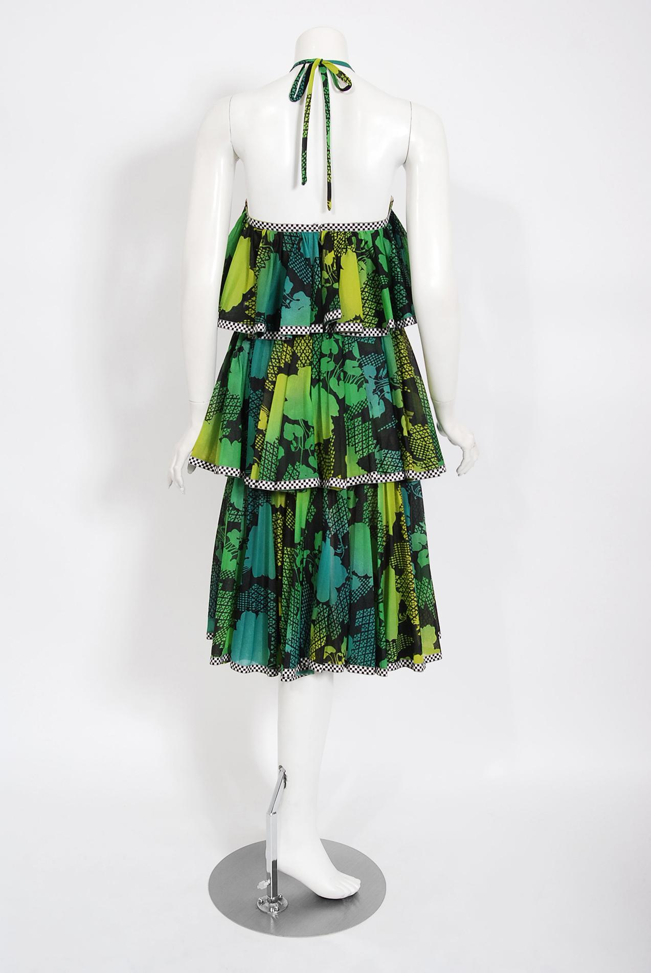 Vintage 1970's Jean Varon Green Graphic Floral Print Pleated Tiered Halter Dress For Sale 2