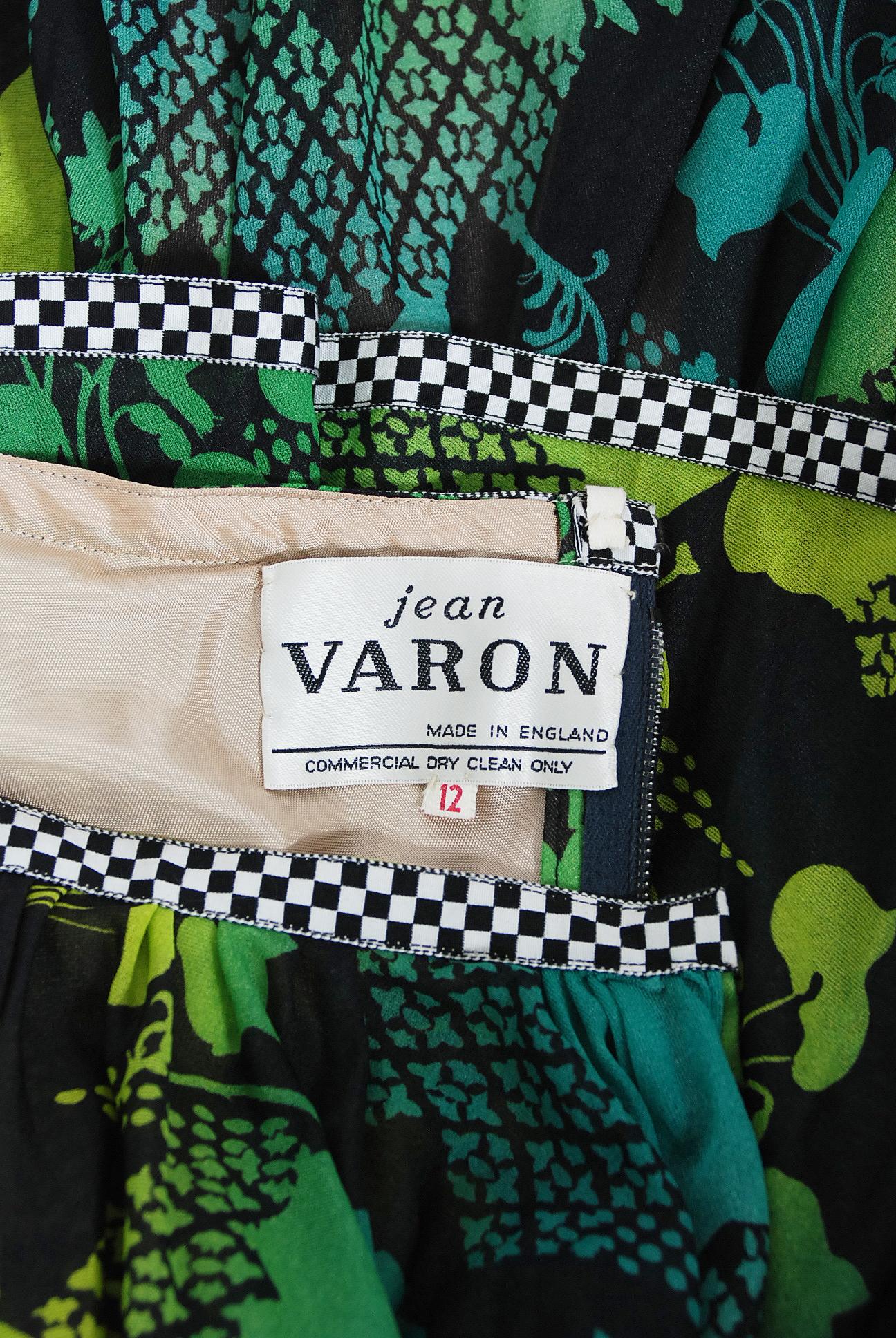 Vintage 1970's Jean Varon Green Graphic Floral Print Pleated Tiered Halter Dress For Sale 2