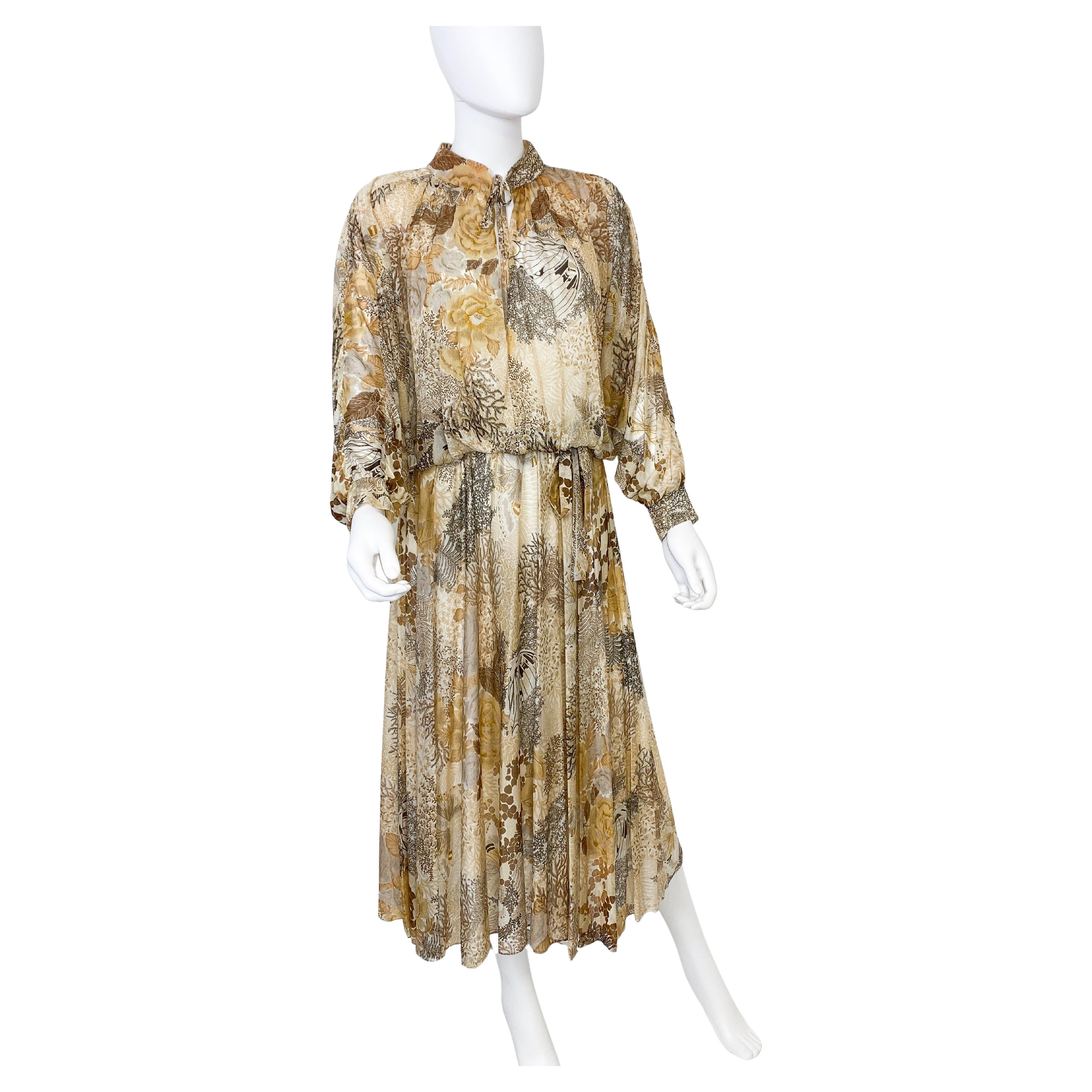 1970s Jersey Muslin Chiffon Dress with Open Bat Wing Sleeves Size 8/10