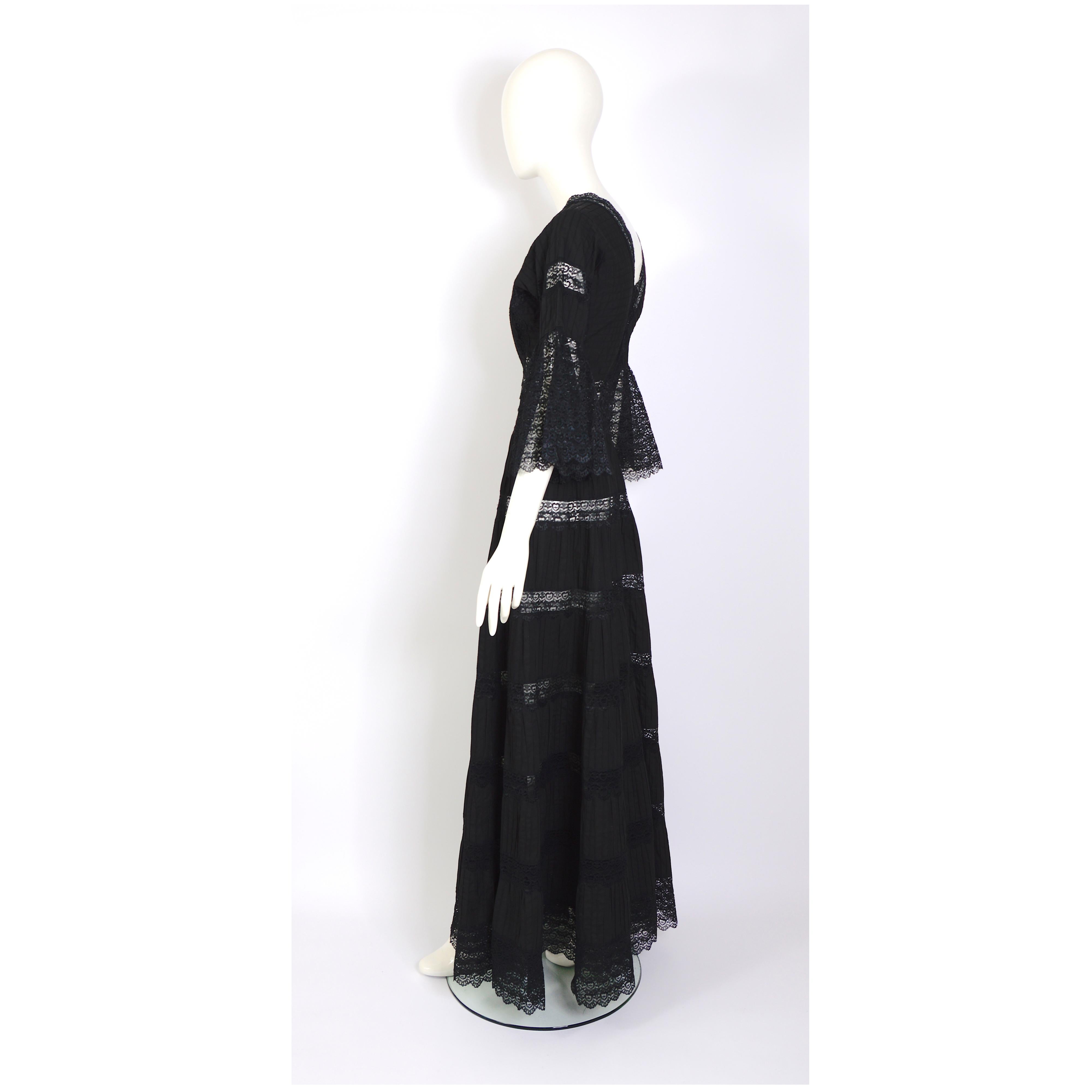 Vintage 1970s jet black cotton and lace Mexican gown 5