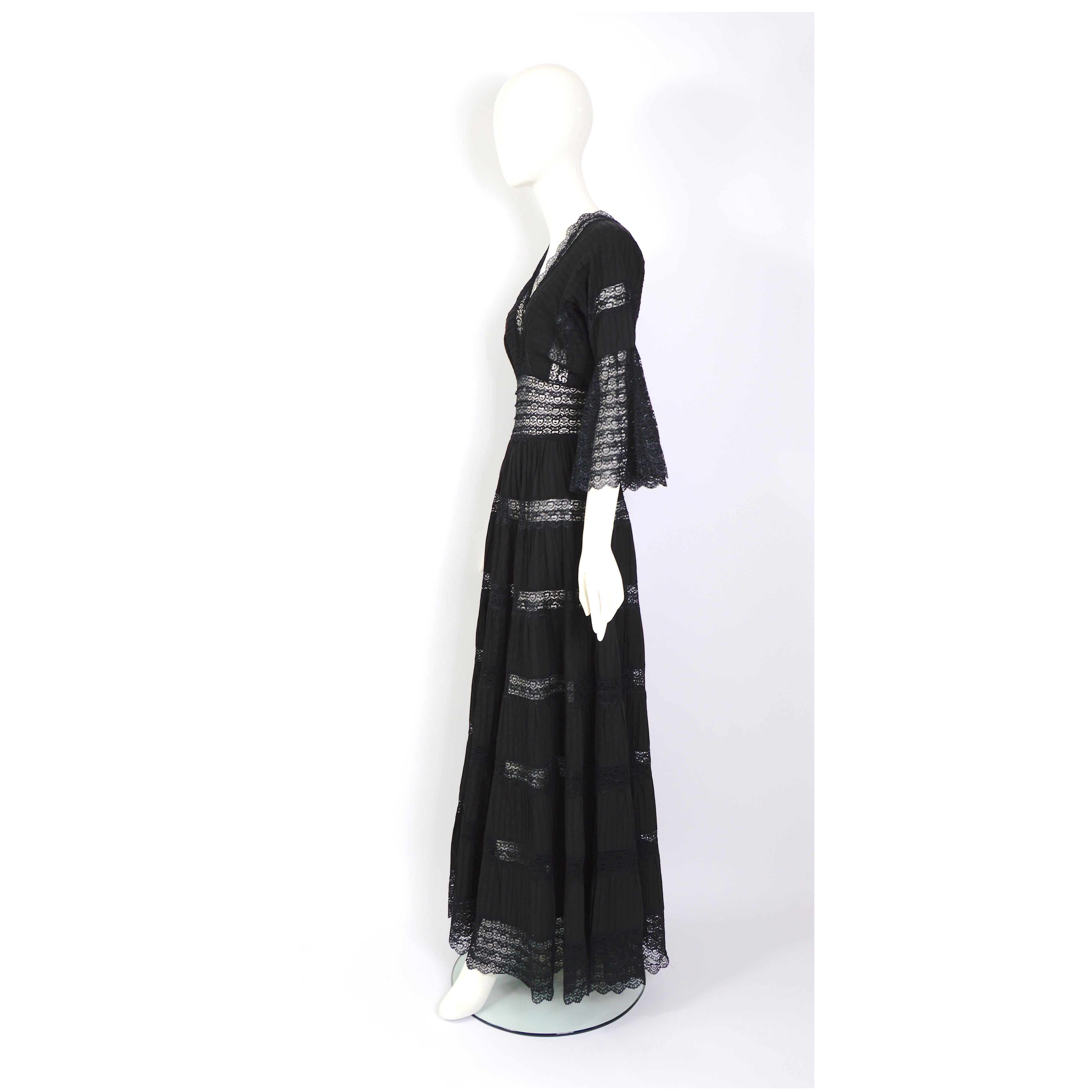 Vintage 1970s jet black cotton and lace Mexican gown 6
