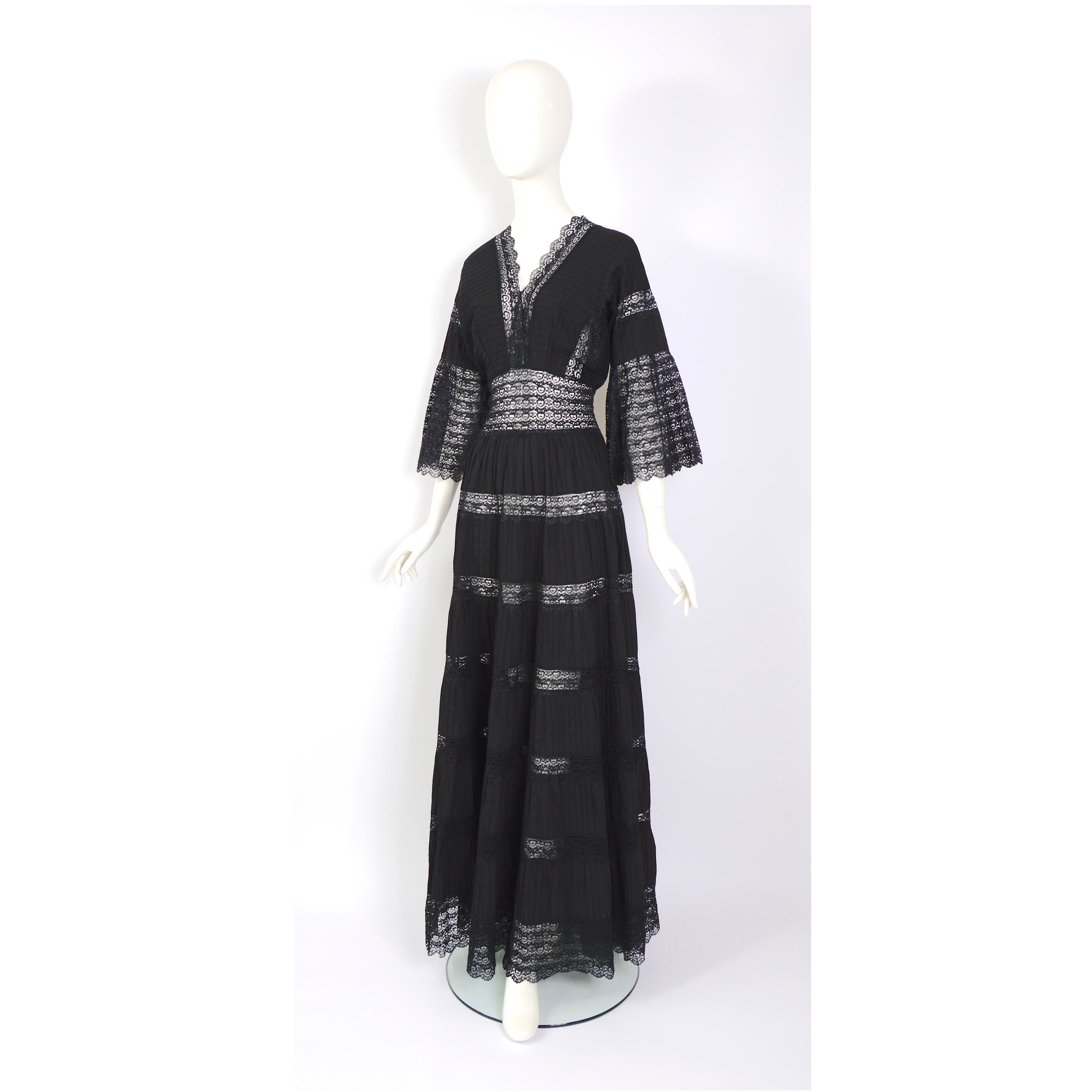 Vintage 1970s jet black cotton and lace Mexican gown 7
