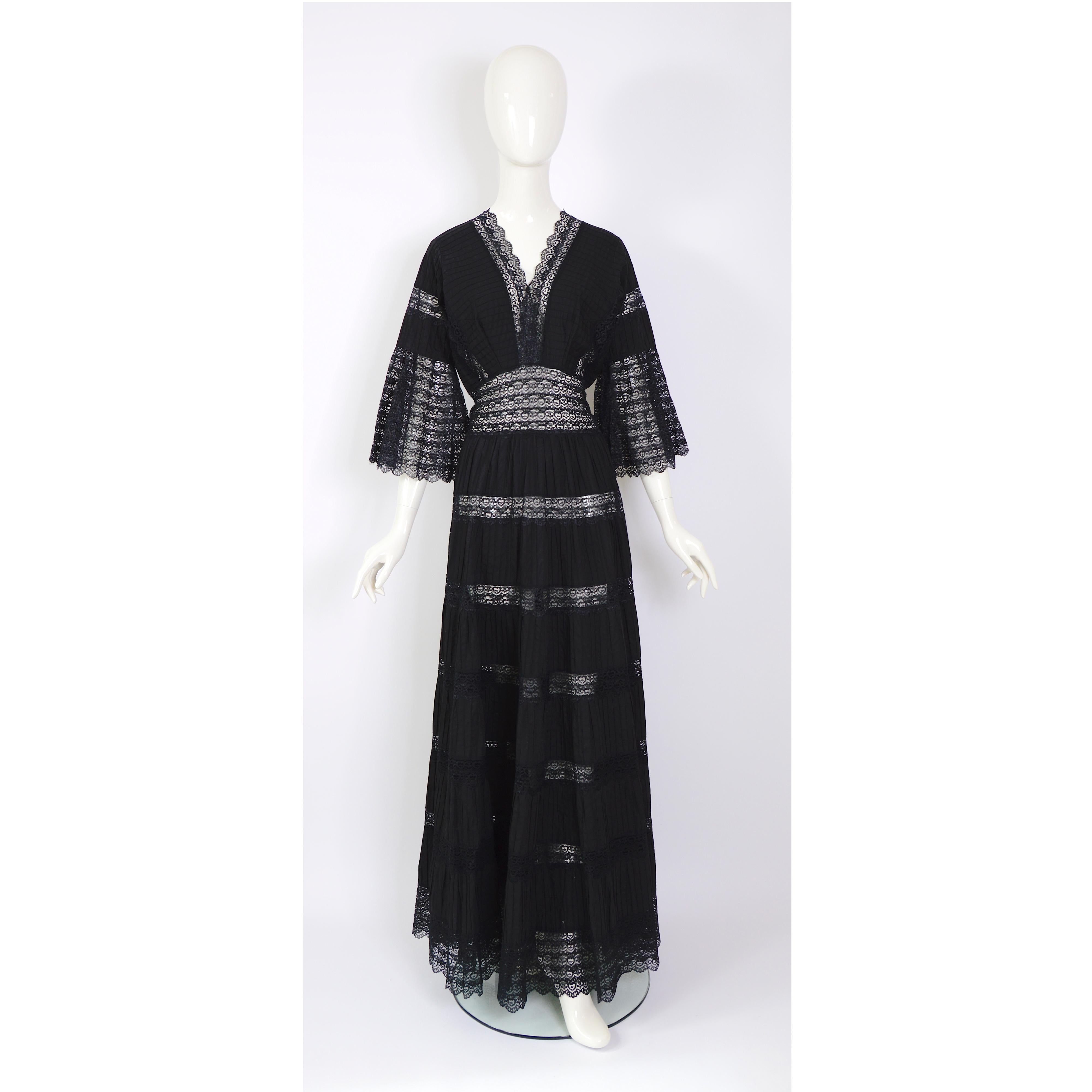 Vintage 1970s jet black cotton and lace Mexican gown 8
