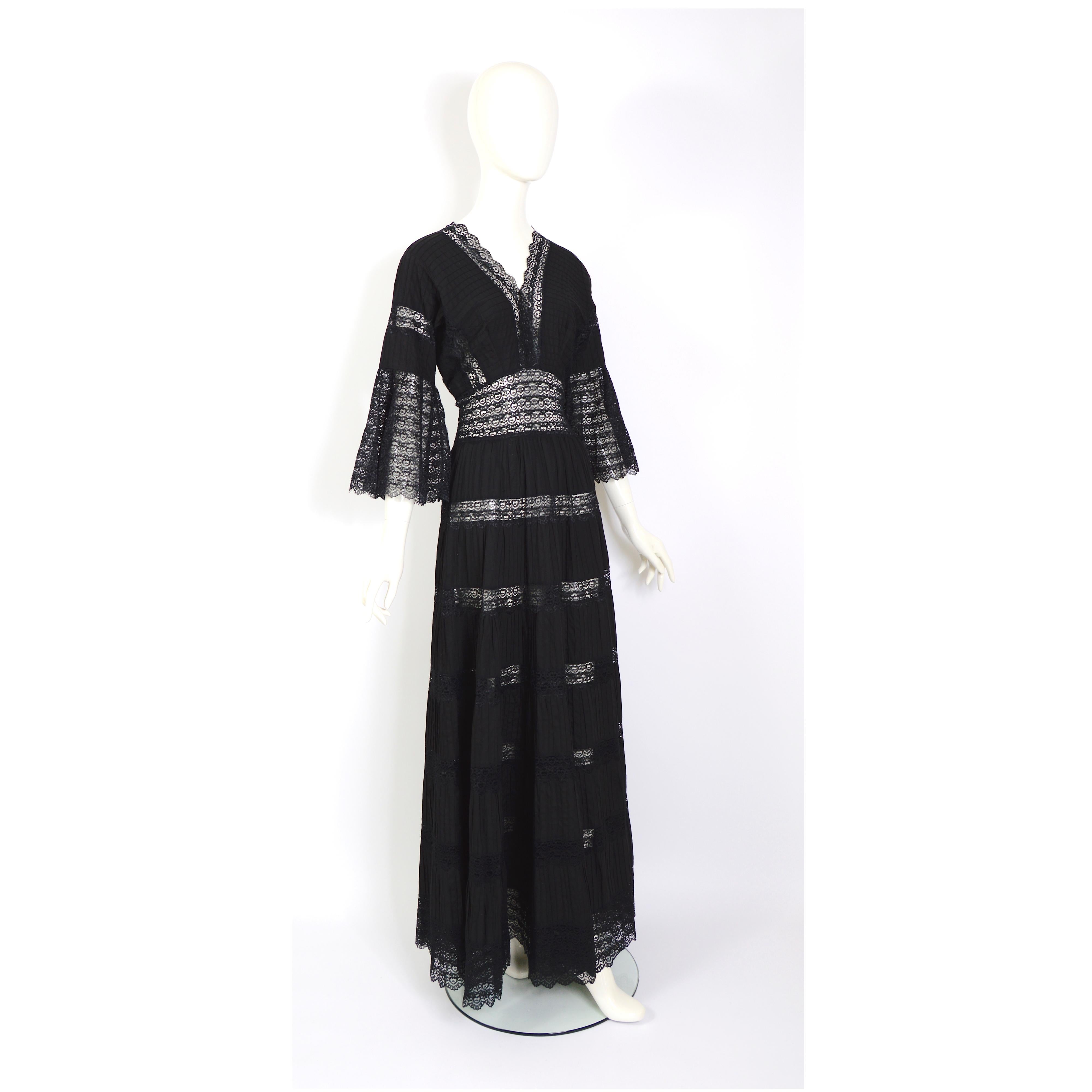 Black Vintage 1970s jet black cotton and lace Mexican gown